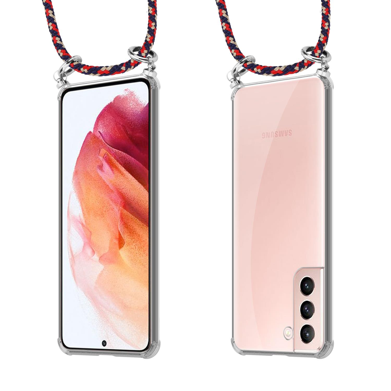 Ein Telefon mit einer transparenten Hülle und einem rot-weiß-blauen Schlüsselband.