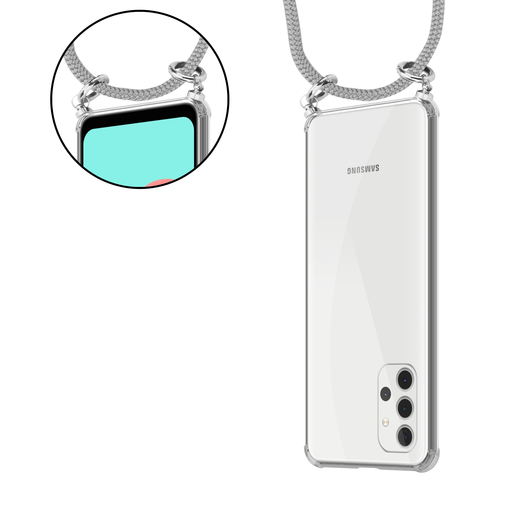 Ein Telefon in einer durchsichtigen Hülle mit grauem Band. Nahaufnahme links.