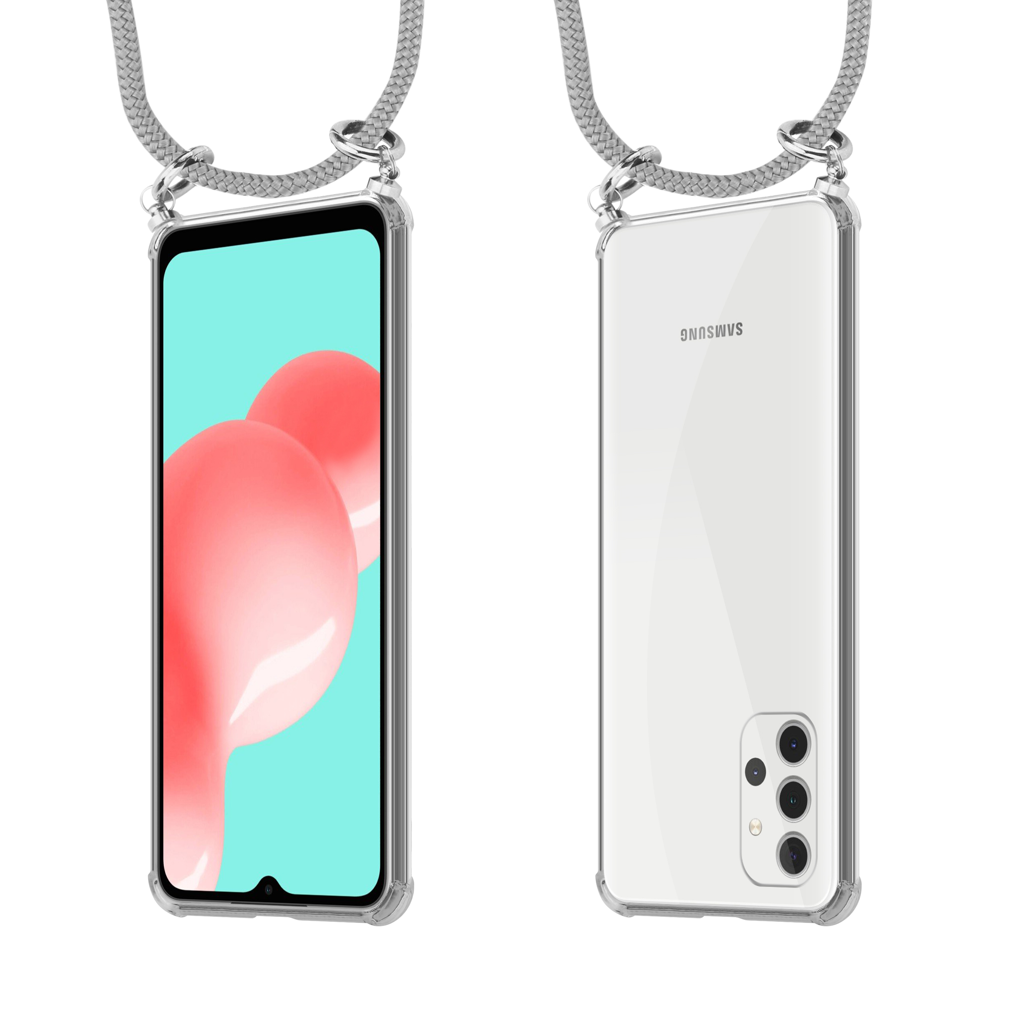 Zwei Bilder eines Telefons in einer durchsichtigen Hülle mit einem grauen Umhängeband. Das Telefon hat ein pinkes Bild.