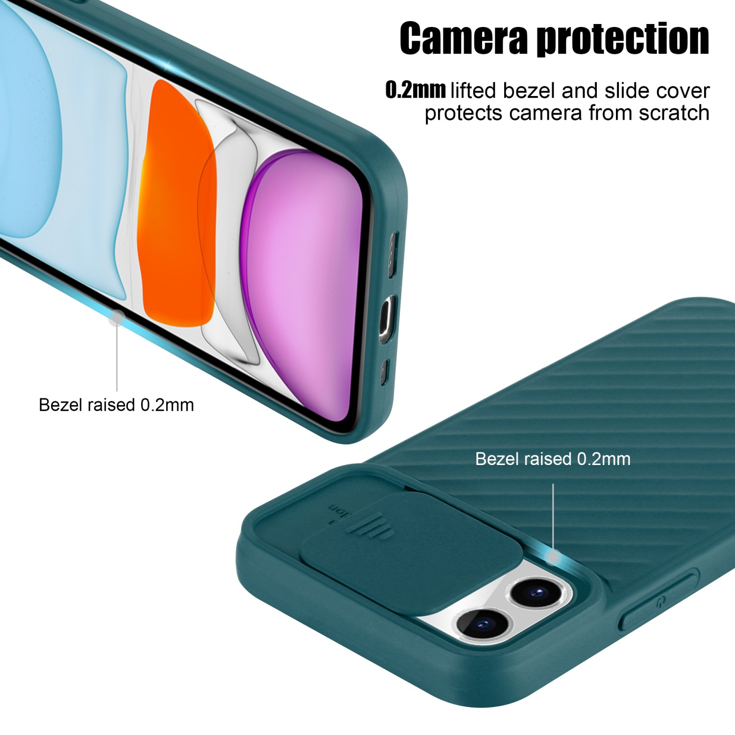 Custodia per telefono verde acqua con protezione per la fotocamera. La custodia ha una copertura scorrevole e una lunetta rialzata.