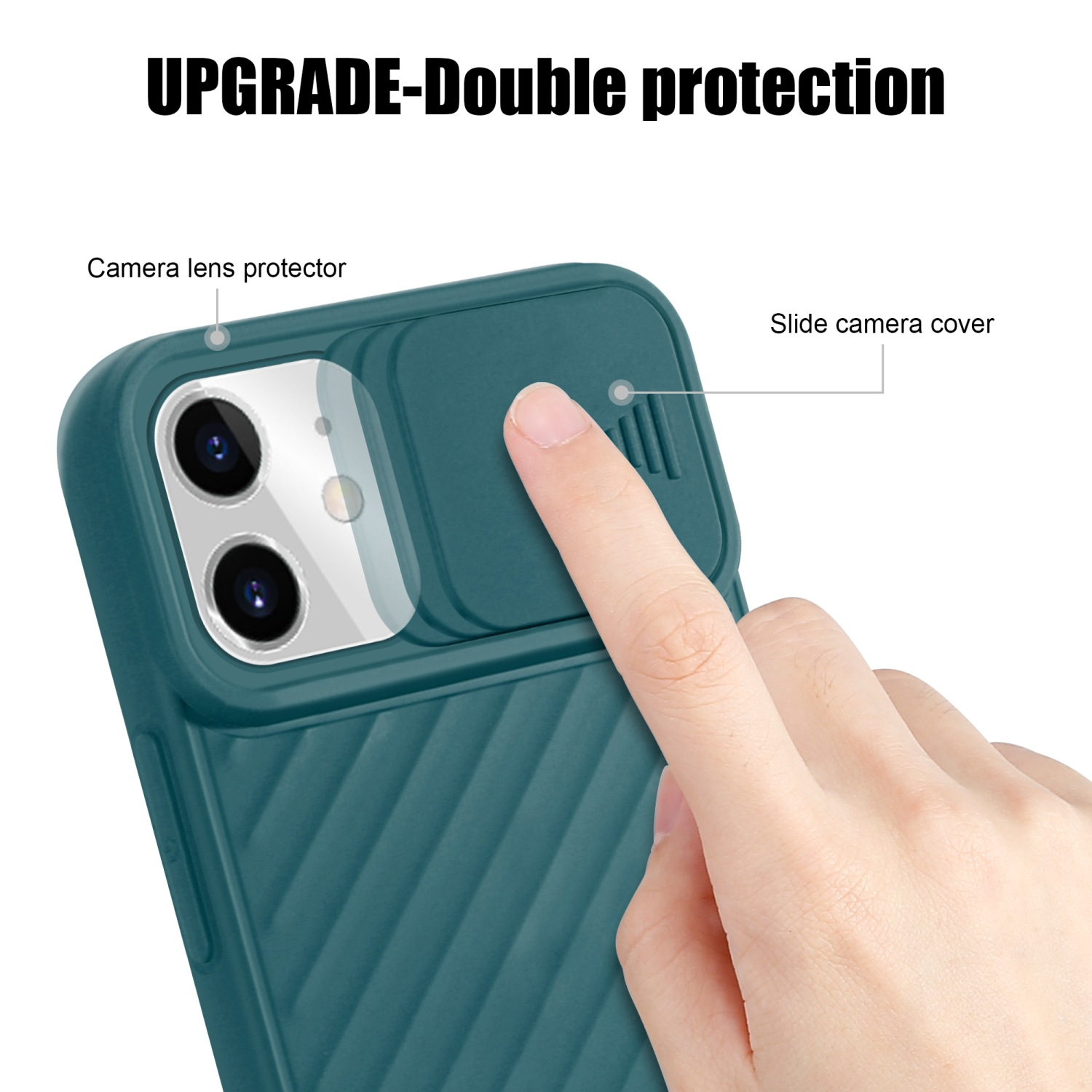 Custodia per telefono verde acqua, che mostra una copertura della fotocamera che viene aperta da un dito.