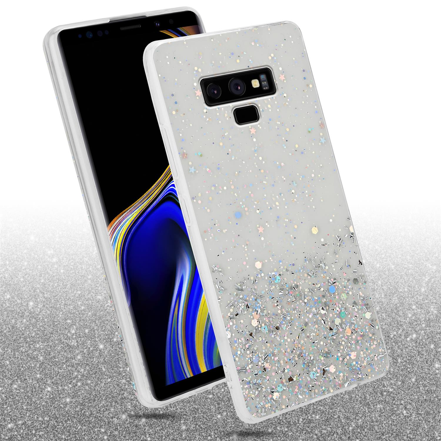 Weiße Handyhülle mit Glitzer und Sternen. Ein Telefon ist eingesetzt, das seinen Bildschirm zeigt.