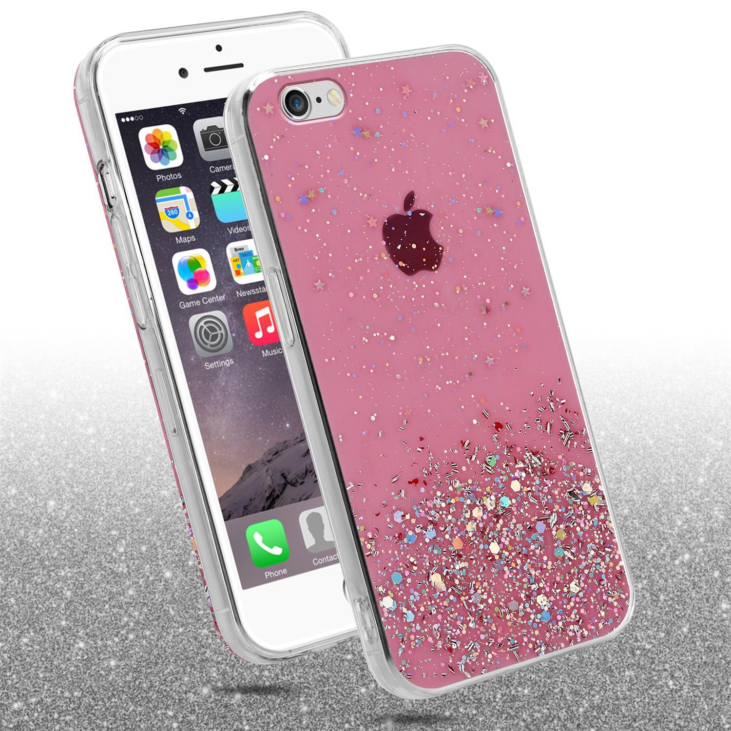 Rosa Glitzer-Handyhülle mit einem Apple-Logo. Das Telefon ist nach rechts abgewinkelt und zeigt die Benutzeroberfläche des Telefons.