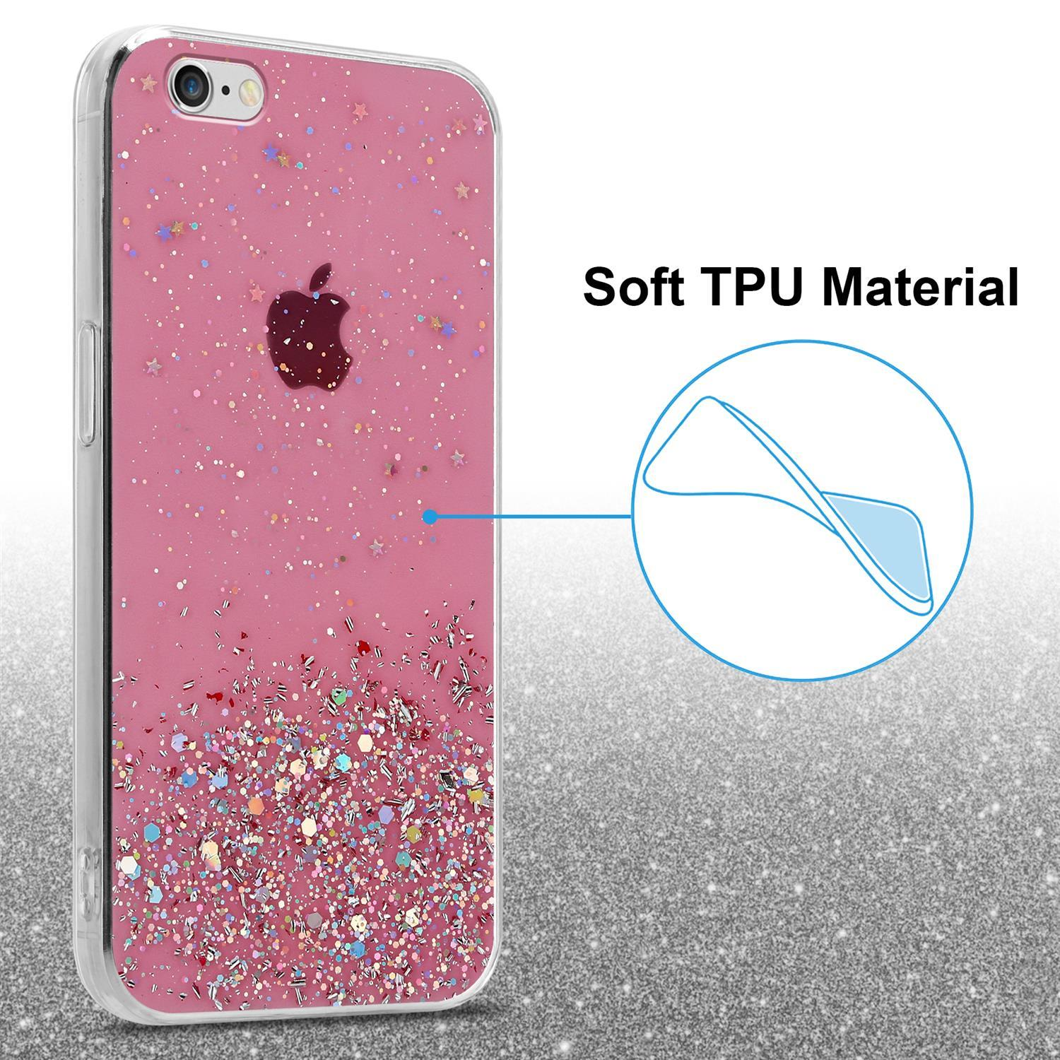 Rosa Handyhülle mit Glitzer und Apple-Logo. Text: 'Soft TPU Material'.