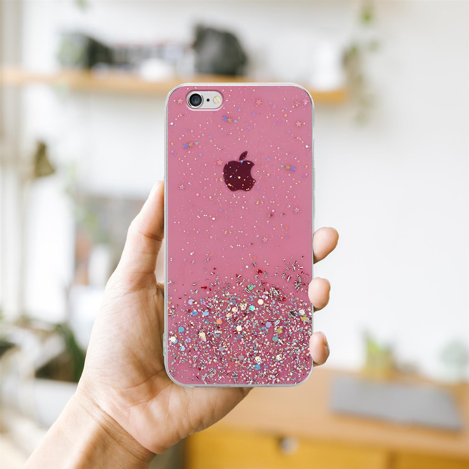 Rosa Handyhülle mit Glitzer und Sternen, hält ein Telefon mit Apple-Logo.