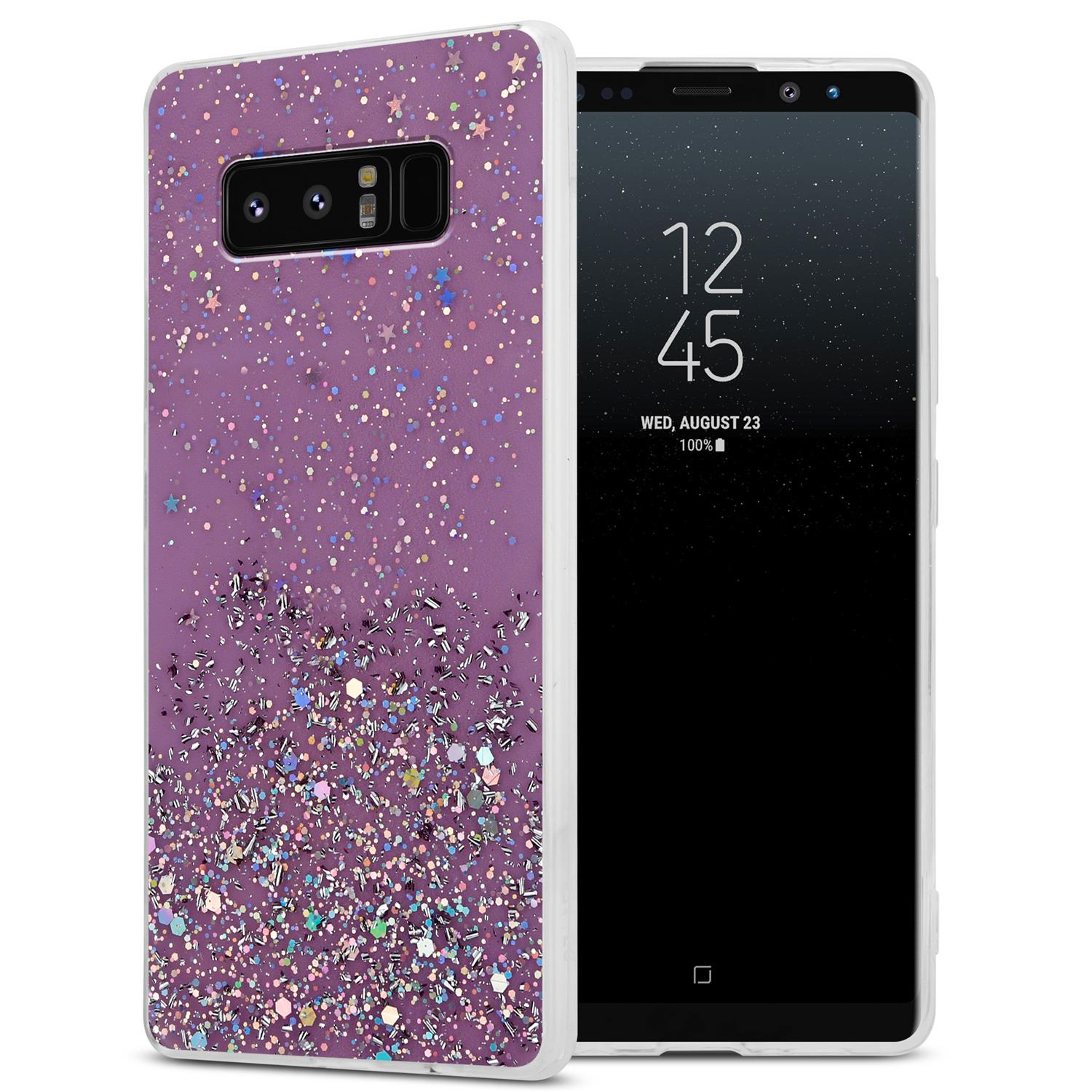 Lila Glitzer-Handyhülle. Telefon mit schwarzem Hintergrund auf dem Bildschirm.