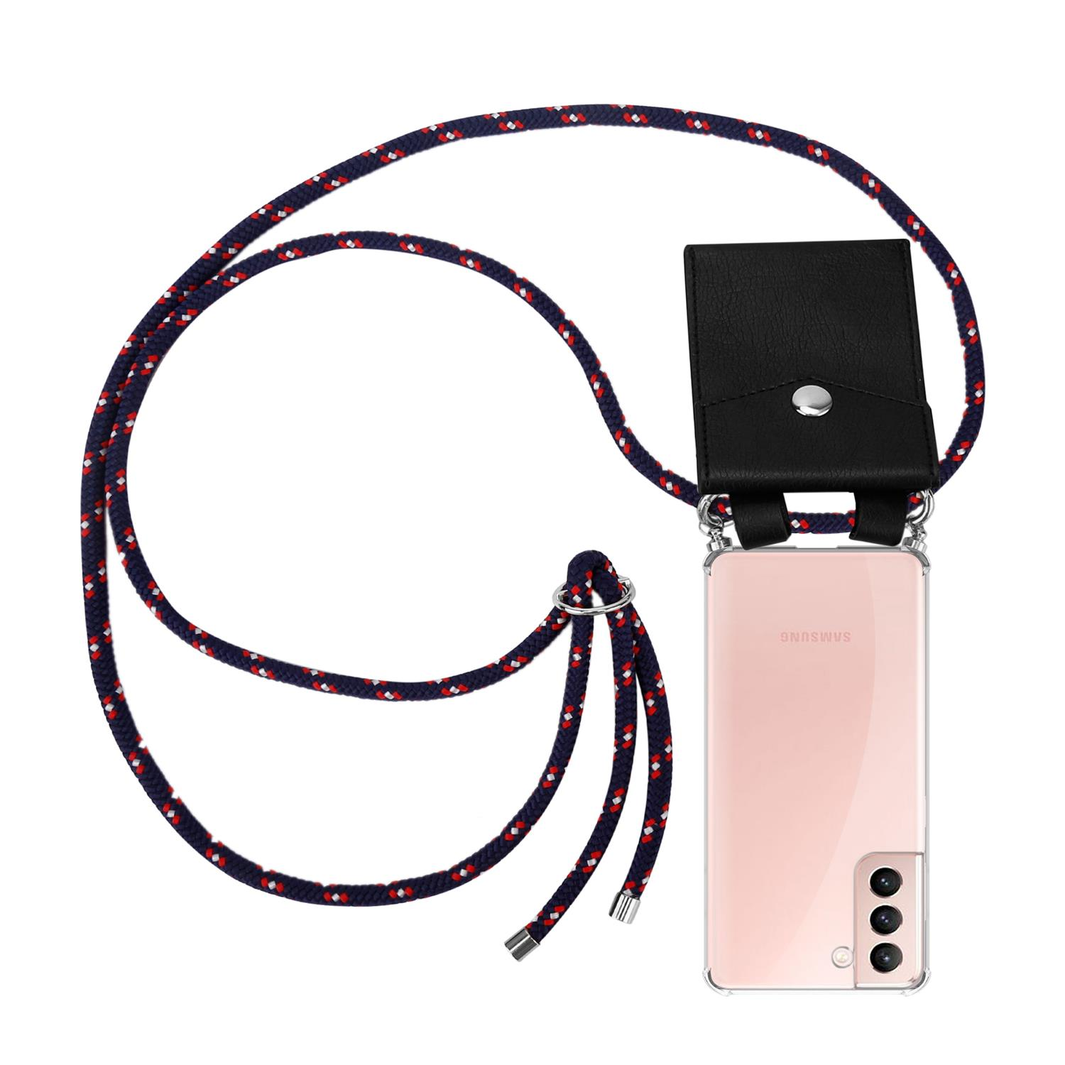 Ein Telefon mit Lanyard. Das Lanyard ist marineblau, rot und weiß, mit schwarzem Beutel.