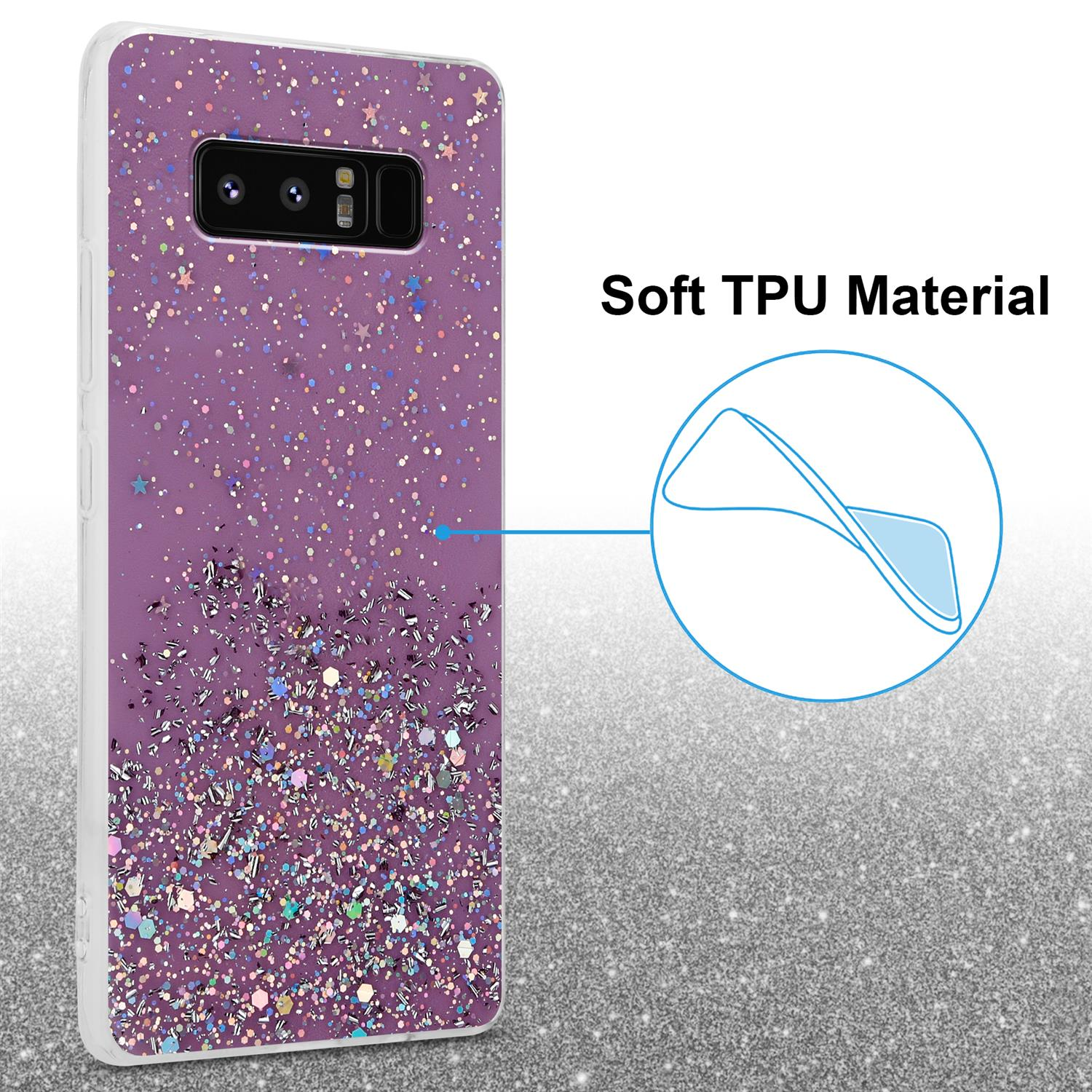 Lila Glitzer-Handyhülle auf Glitzerhintergrund. Text: 'Weiches TPU-Material'.