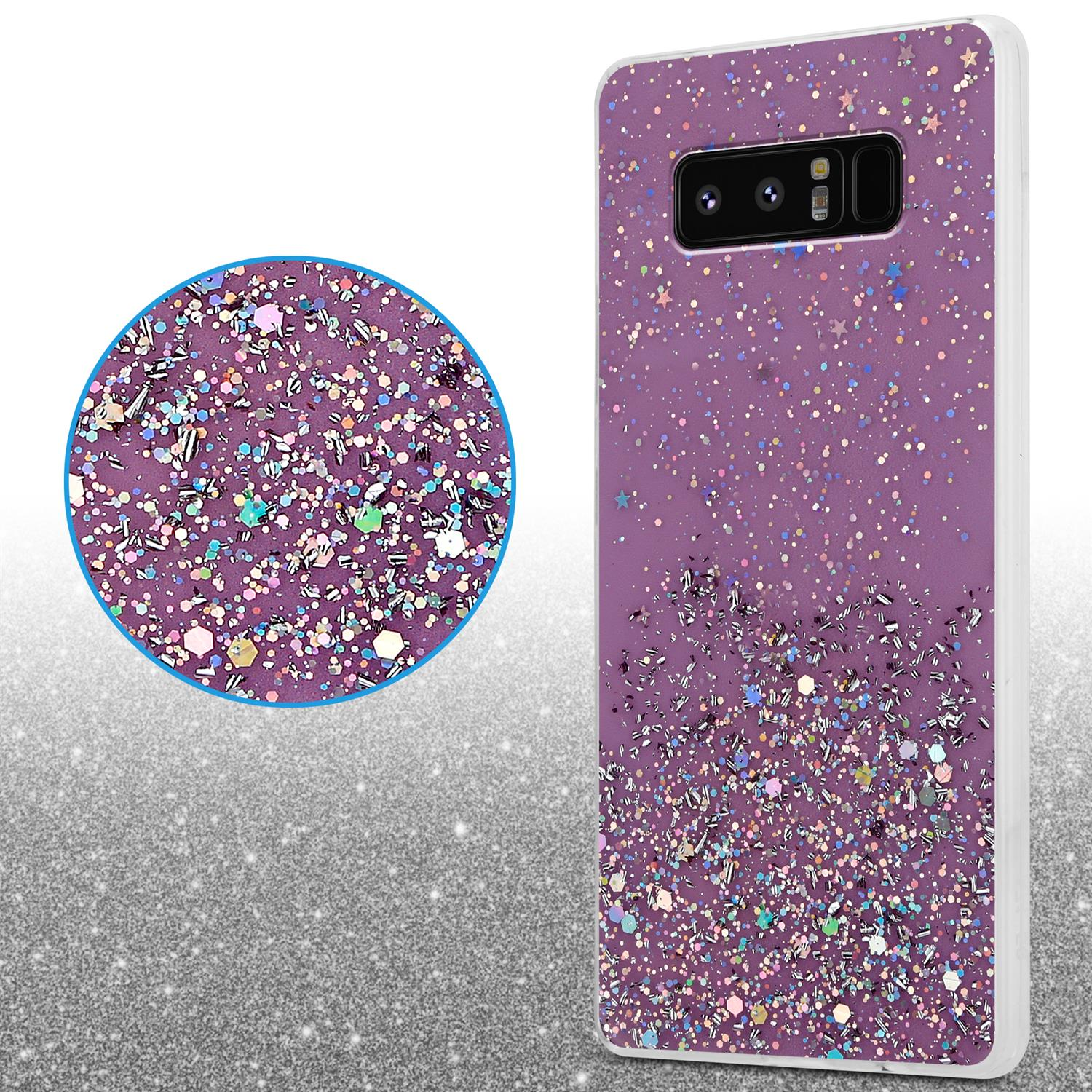 Handyhülle mit lila Glitzerdesign und Nahaufnahme des Glitzers.