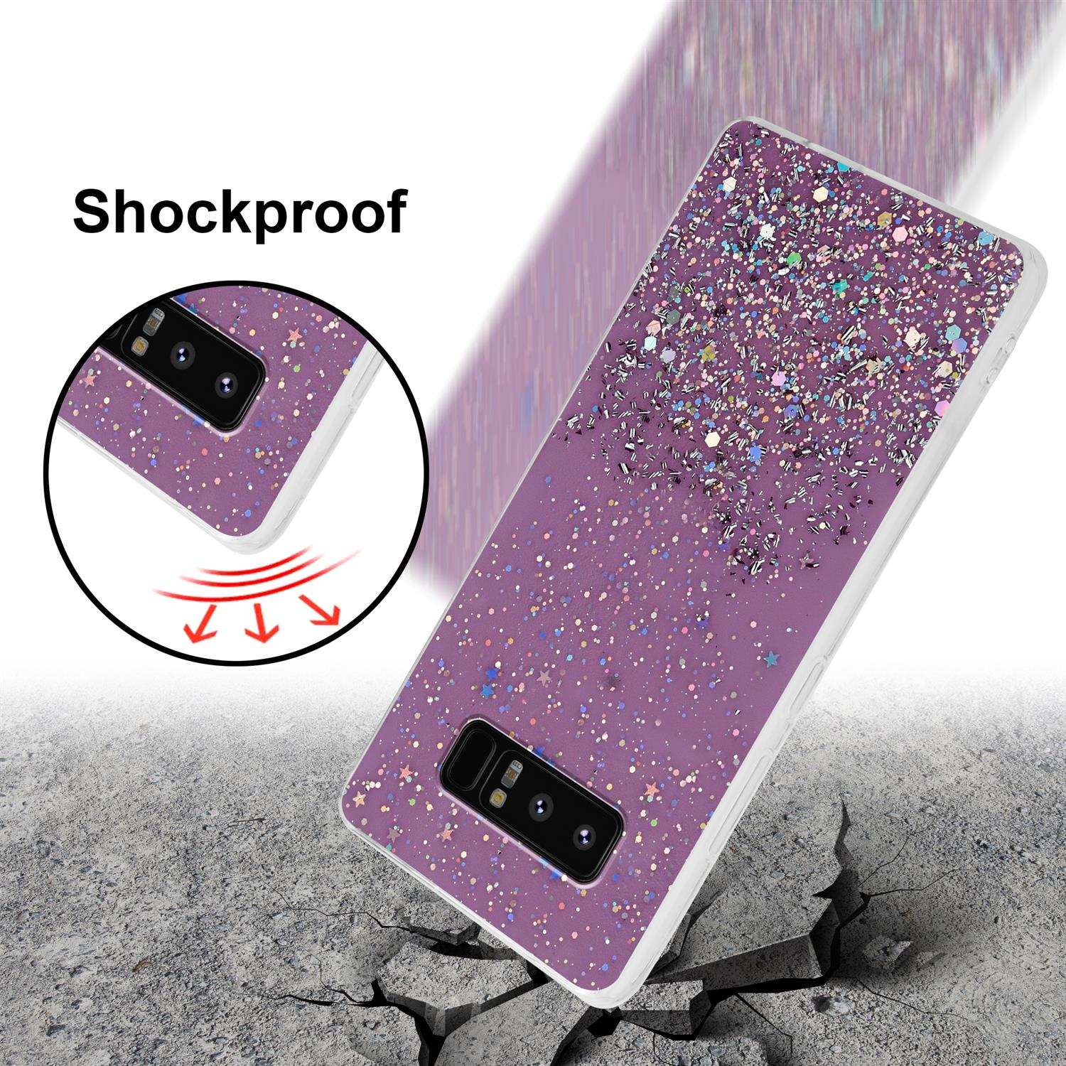 Lila Handyhülle mit Glitzer auf Rissfläche, stoßfestes Design. Nahaufnahme zeigt Aufprallrichtungen.