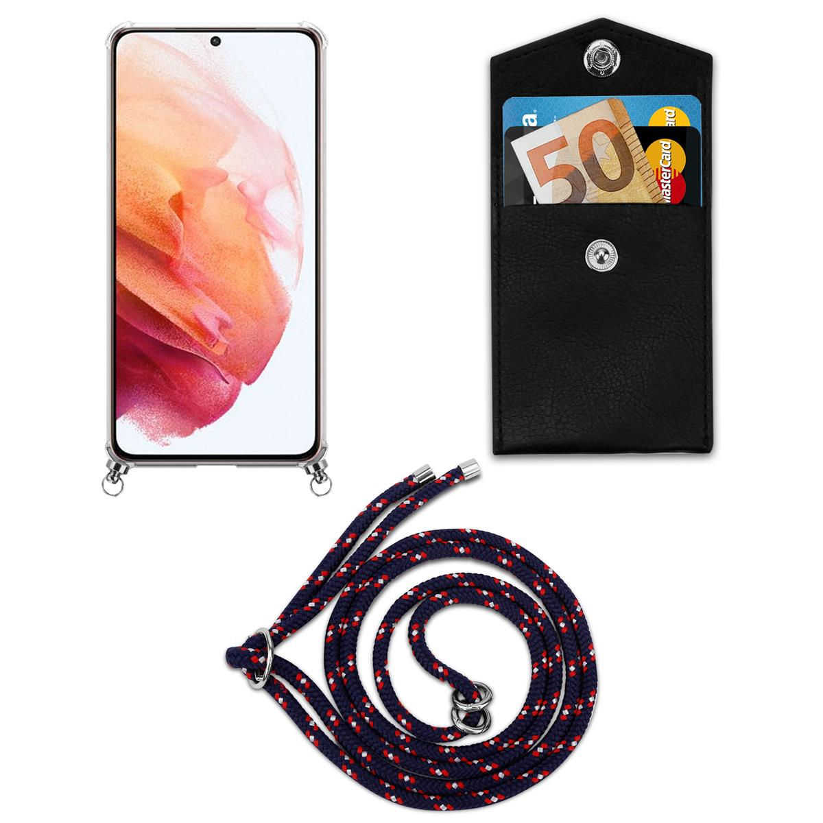 Ein Telefon und eine schwarze Ledertasche mit Karten und Geld sowie ein seilartiger Telefonriemen.