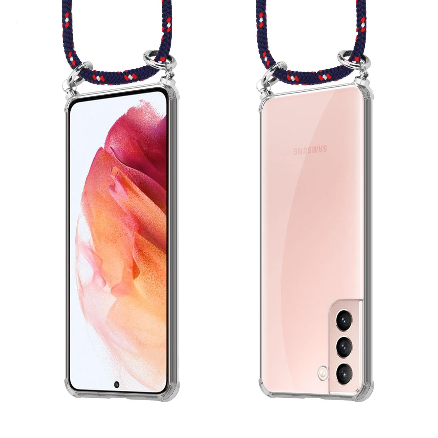 Telefon in transparentem Gehäuse mit blau-roter Kordel. Das Telefon hat eine Kamera.