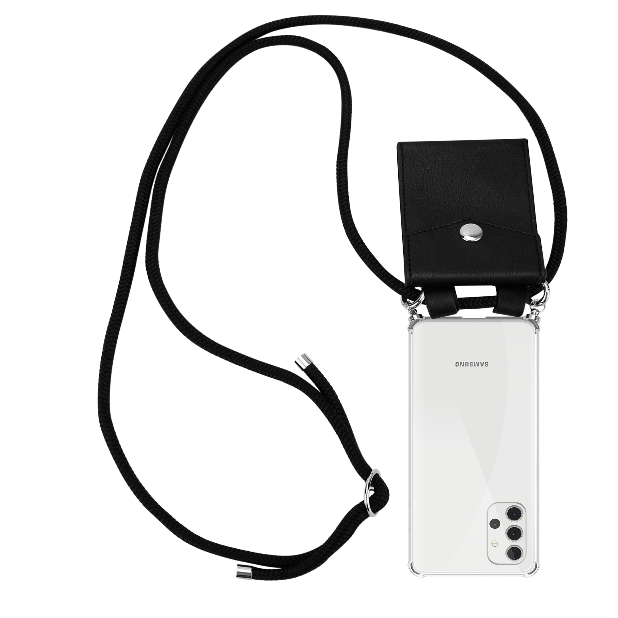 Schwarze Leder-Handyhülle mit schwarzem Kordel. Ein Samsung-Handy befindet sich in der Hülle.