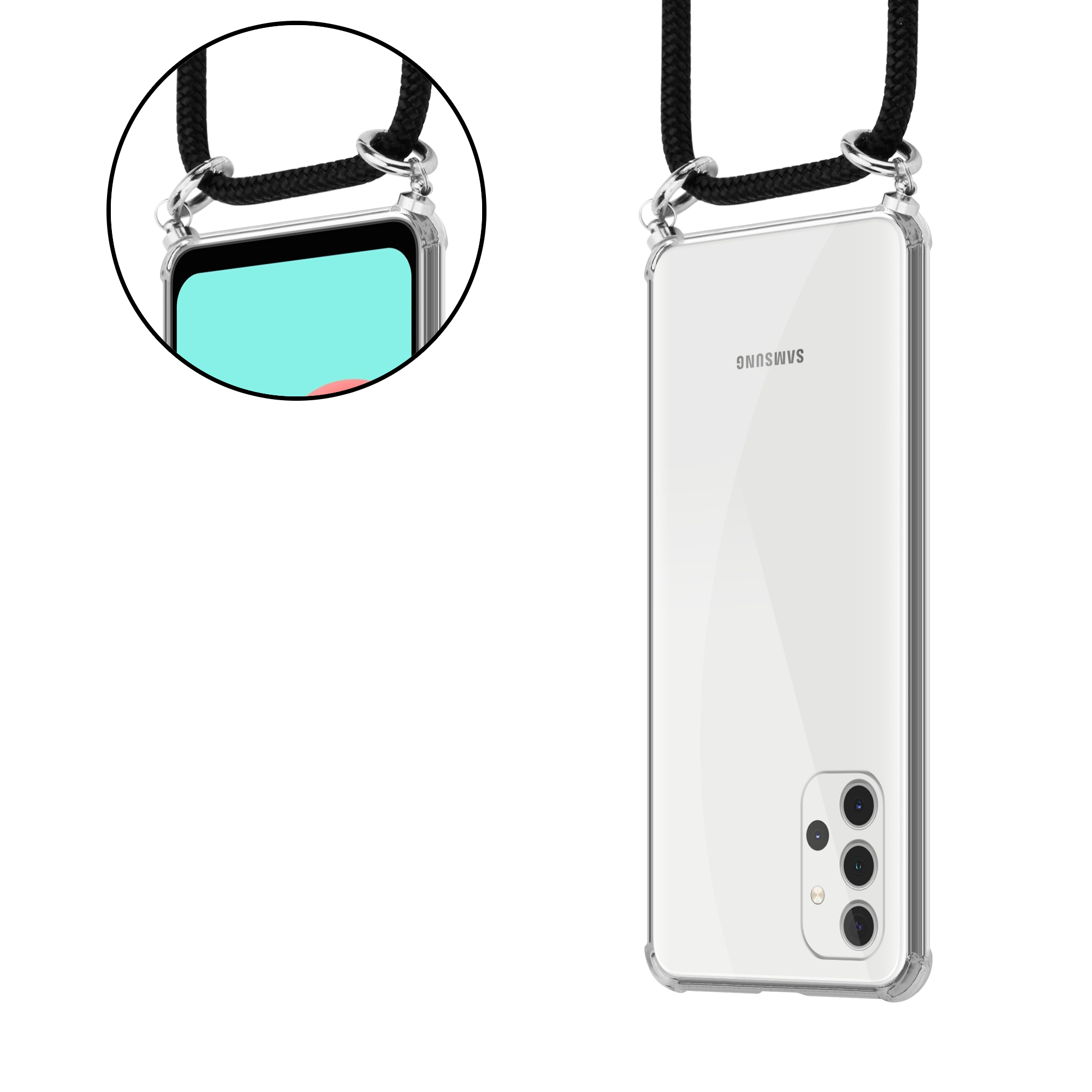 Transparente Handyhülle mit schwarzem Umhängeband. Das Telefon ist von hinten sichtbar.