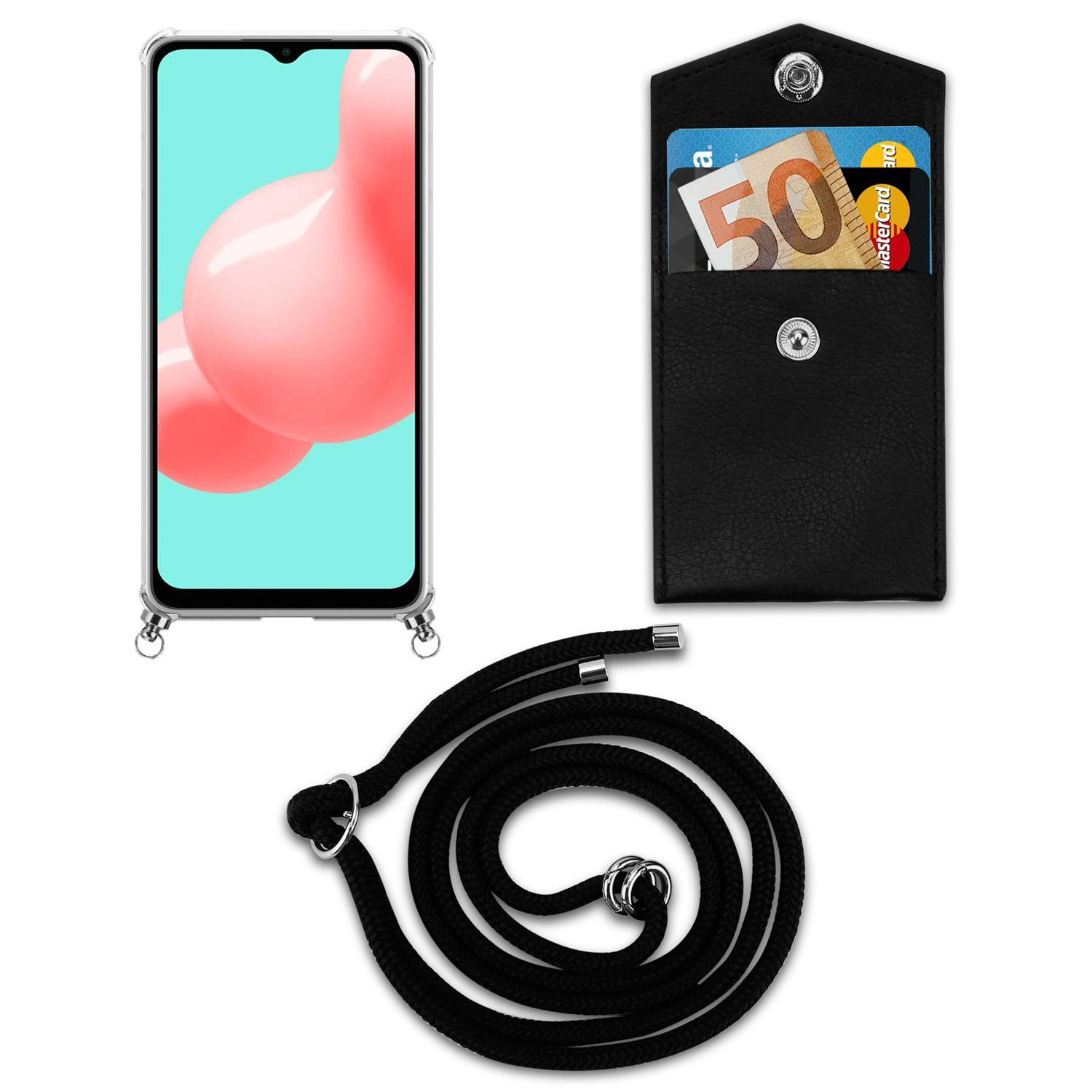 Telefon mit Hülle und schwarzem Lanyard. Schwarze Brieftasche mit Karten und Geld. Zubehör gezeigt.