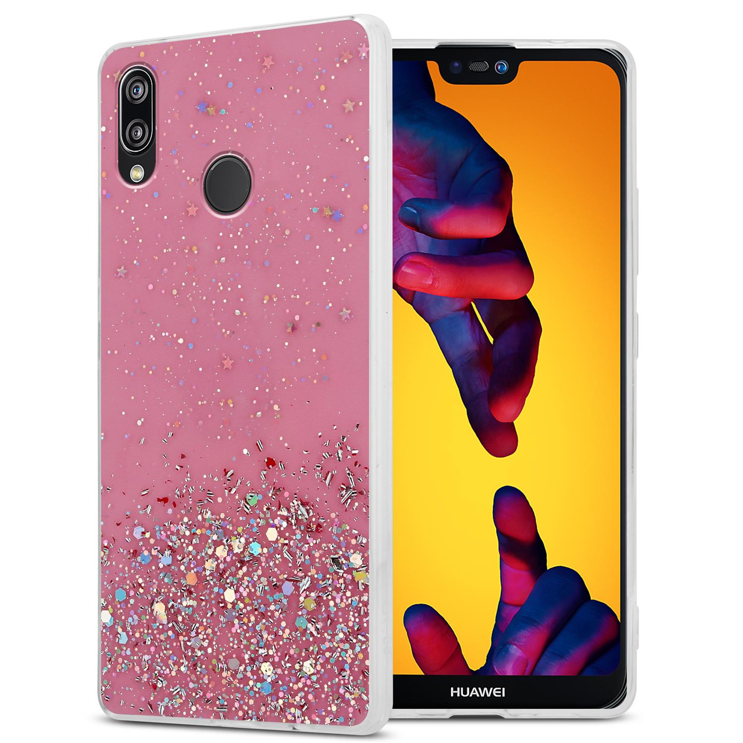 Rosa Glitzer-Handyhülle mit Sternen. Der Telefonbildschirm zeigt ein Handbild. Weißer Hintergrund.