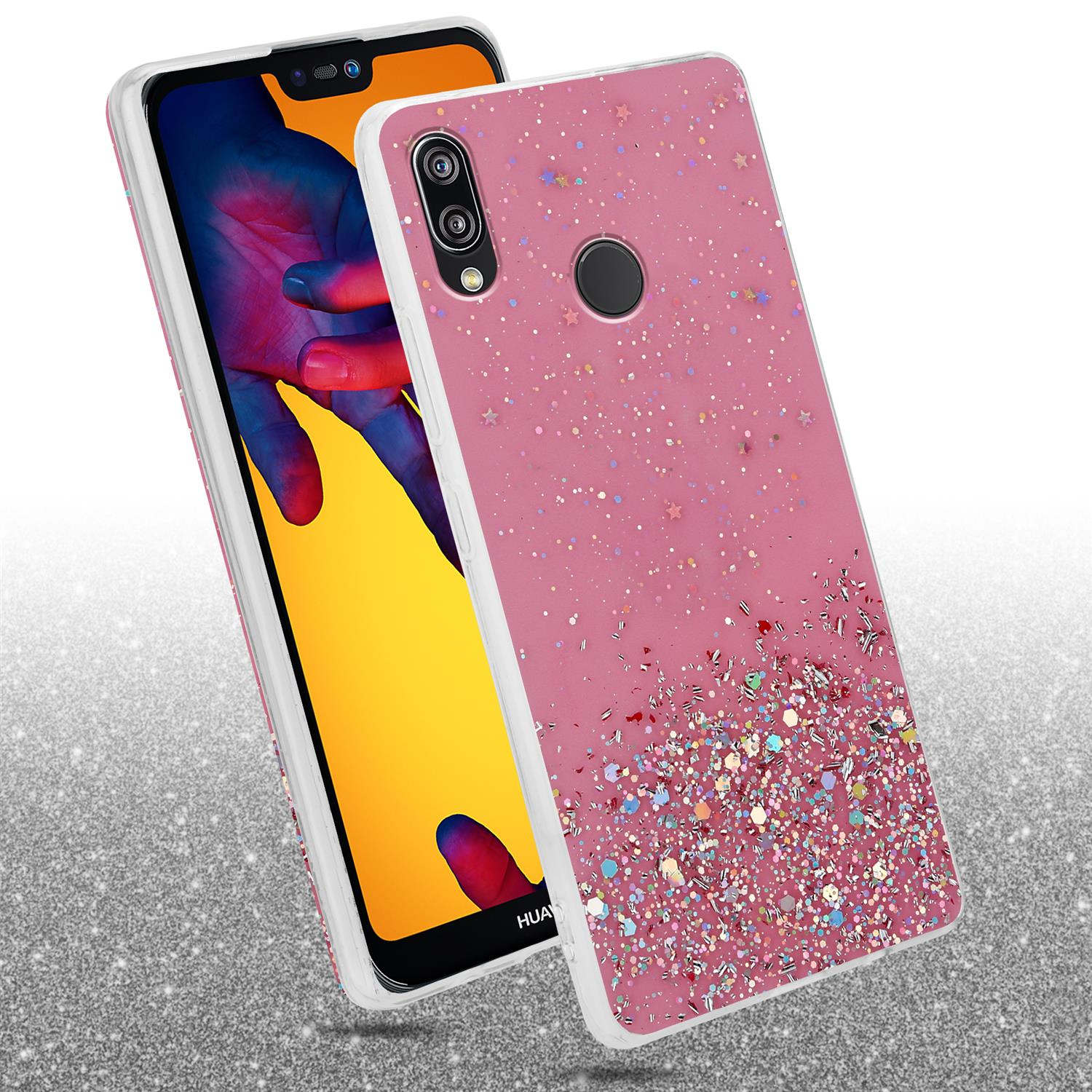 Rosa Handyhülle mit Glitzer. Ein Telefon ist eingesetzt. Glitzer ist unten dichter.