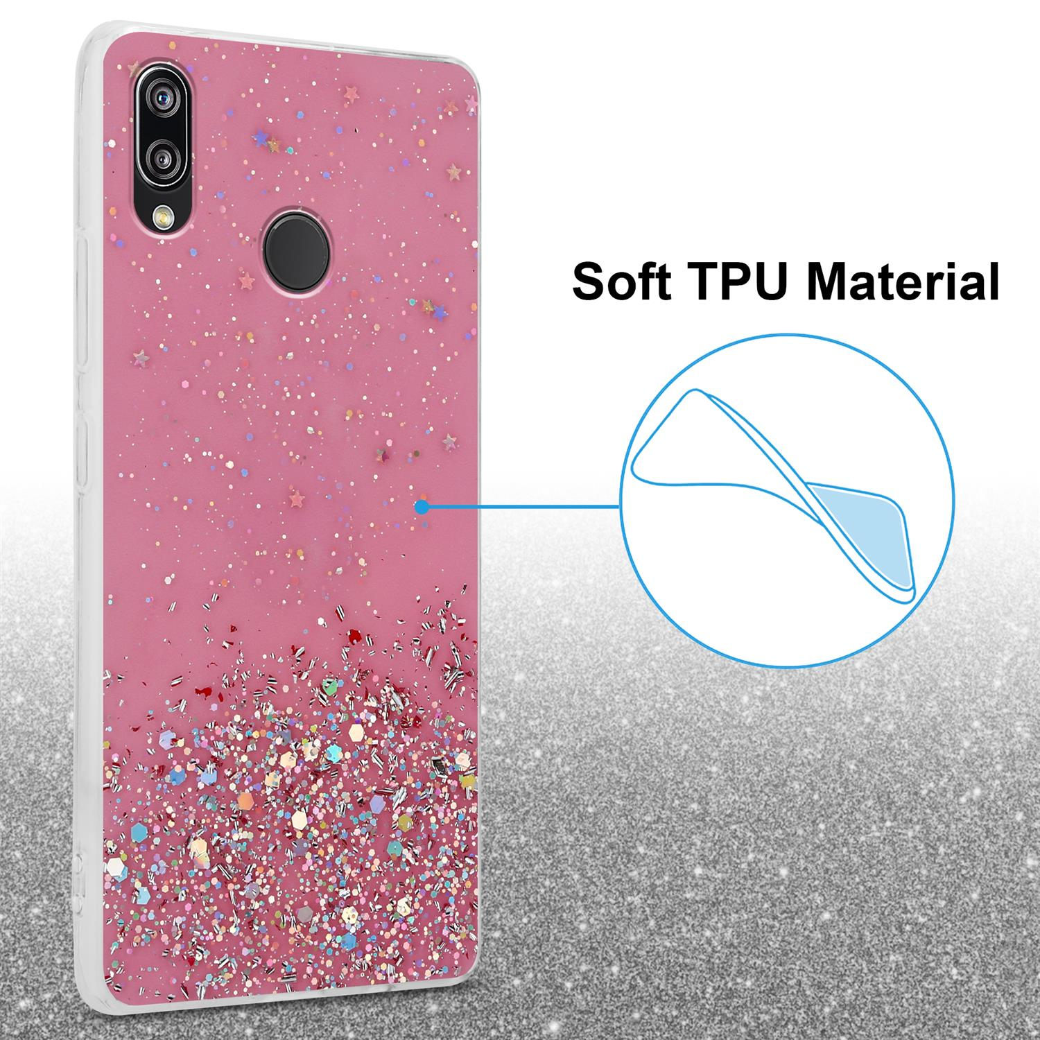 Rosa Handyhülle mit Glitzer, Soft-TPU-Material, das Telefon darin, funkelnder Hintergrund.