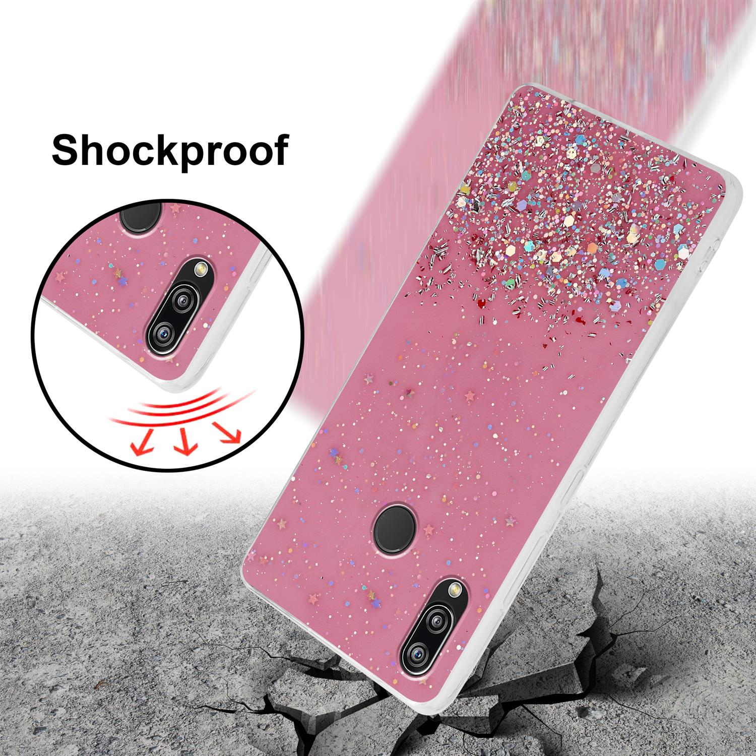 Rosa Handyhülle mit Glitzer, umgeben von gebrochenem Boden und Shockproof-Label.