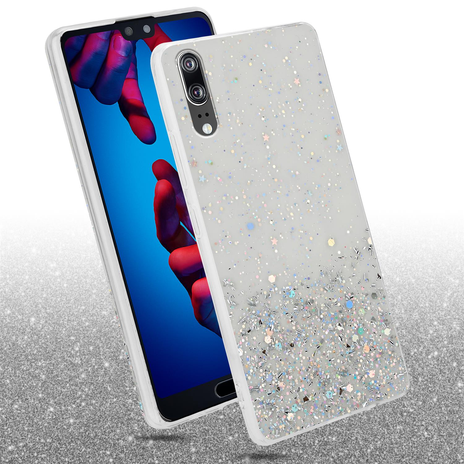 Weiße Handyhülle mit Glitzer. Ein Telefon ist drin, und die Hülle ist abgewinkelt, mit Glitzereffekt.
