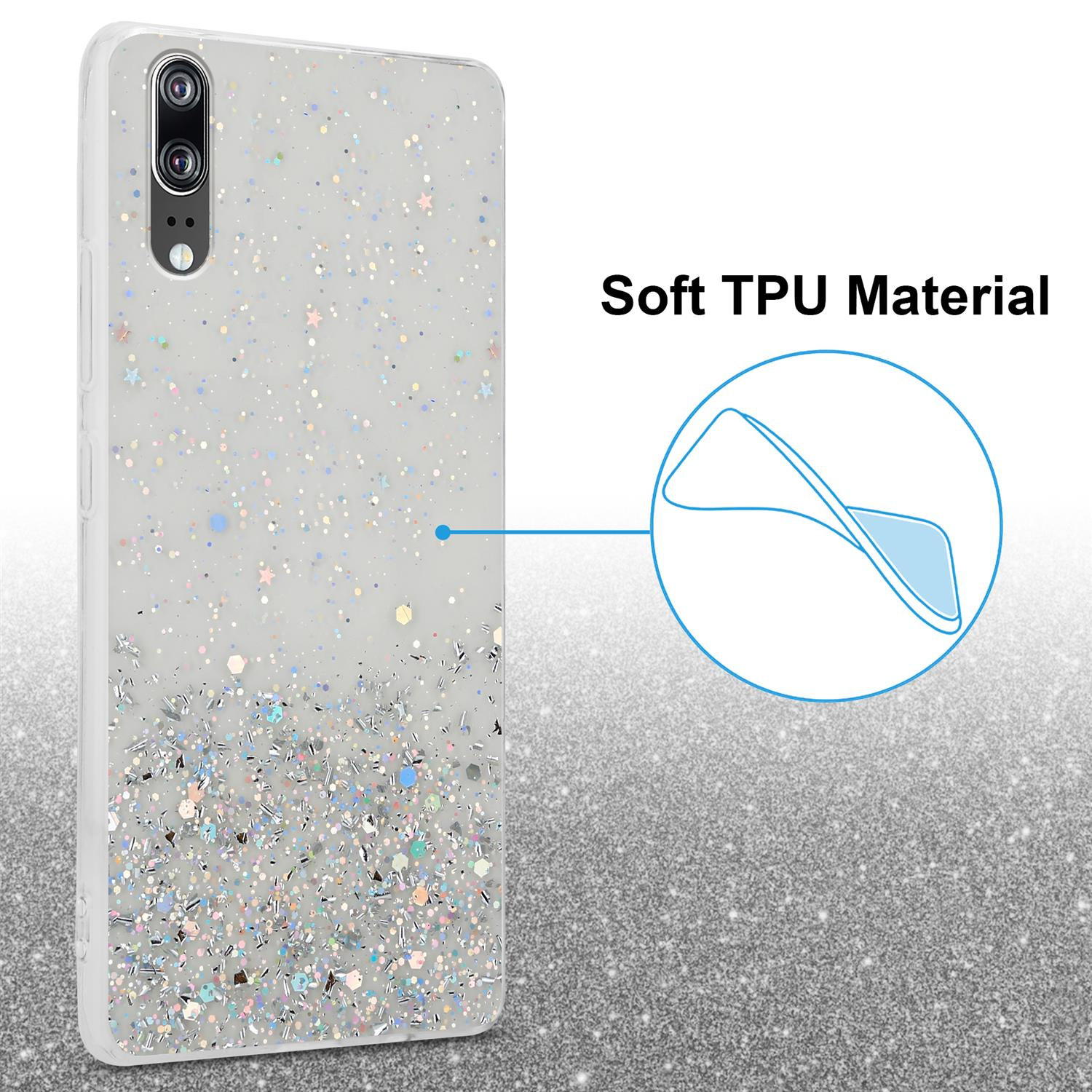 Glitzer-Handyhülle mit Telefon. Silberner Glitzer mit weißer Hülle. Text 'Soft TPU Material'.