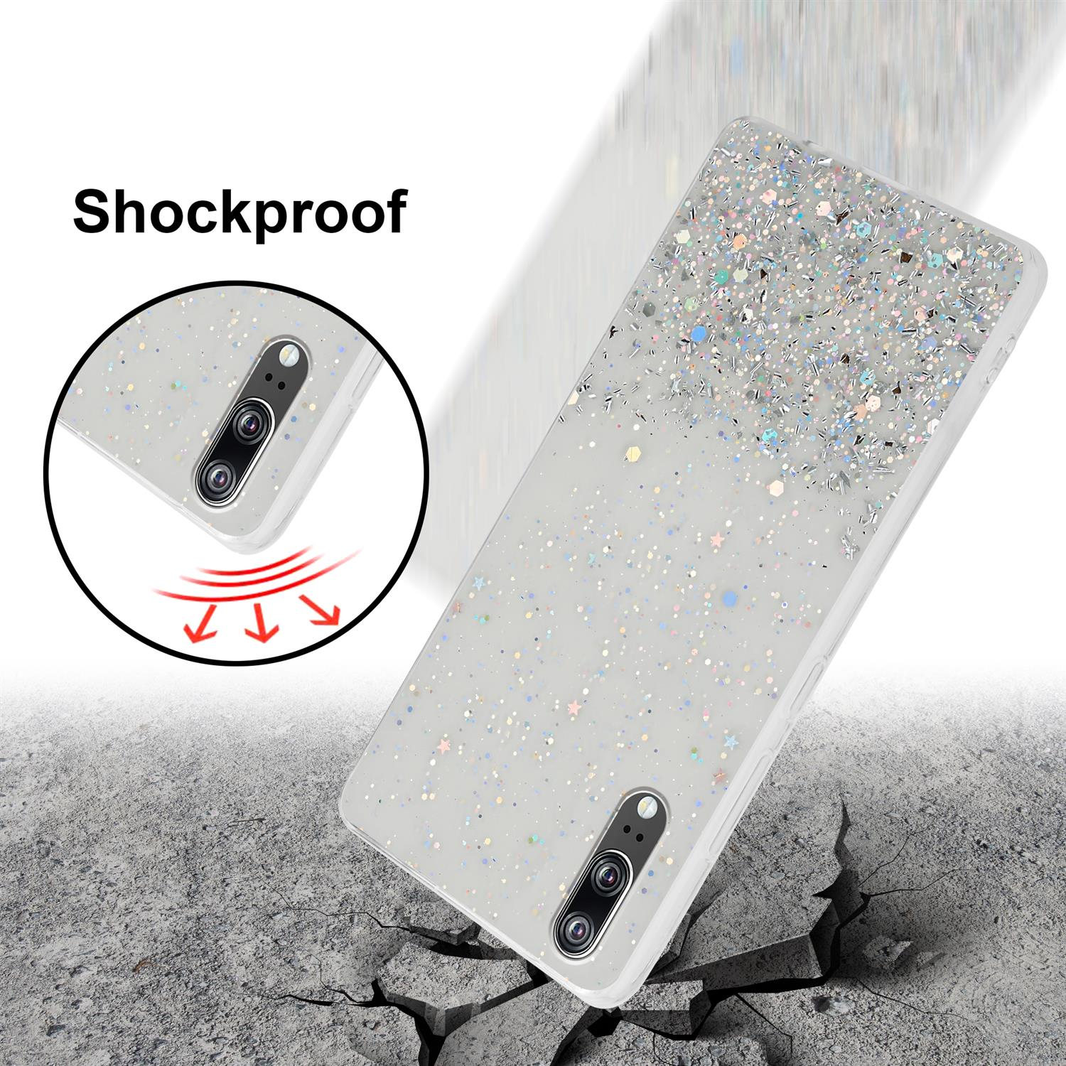 Glitzernde Handyhülle auf gerissener Oberfläche, stoßfestes Design mit nach unten zeigenden Pfeilen.