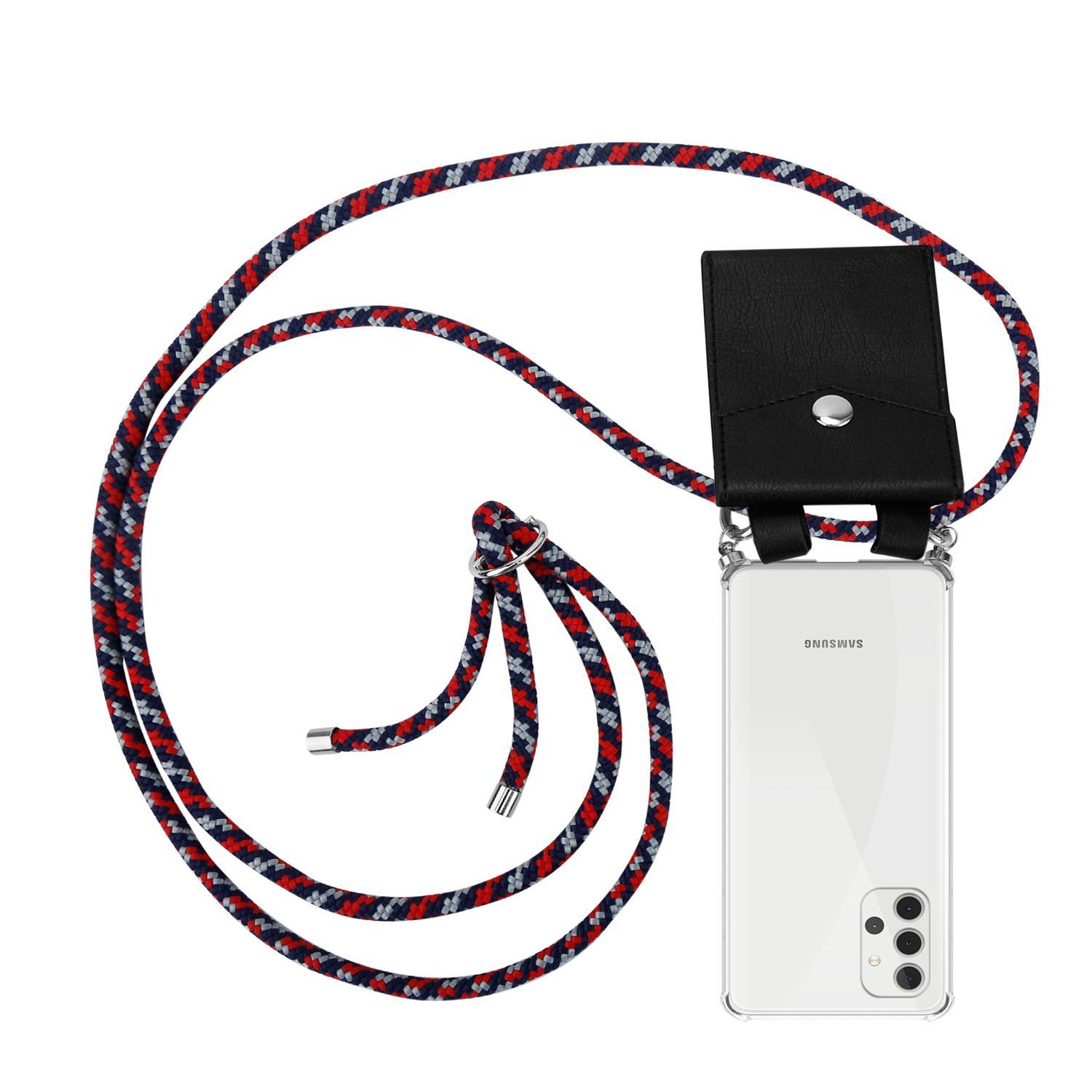 Ein Telefon mit schwarzem Gehäuse und rotem und weißem Lanyard.