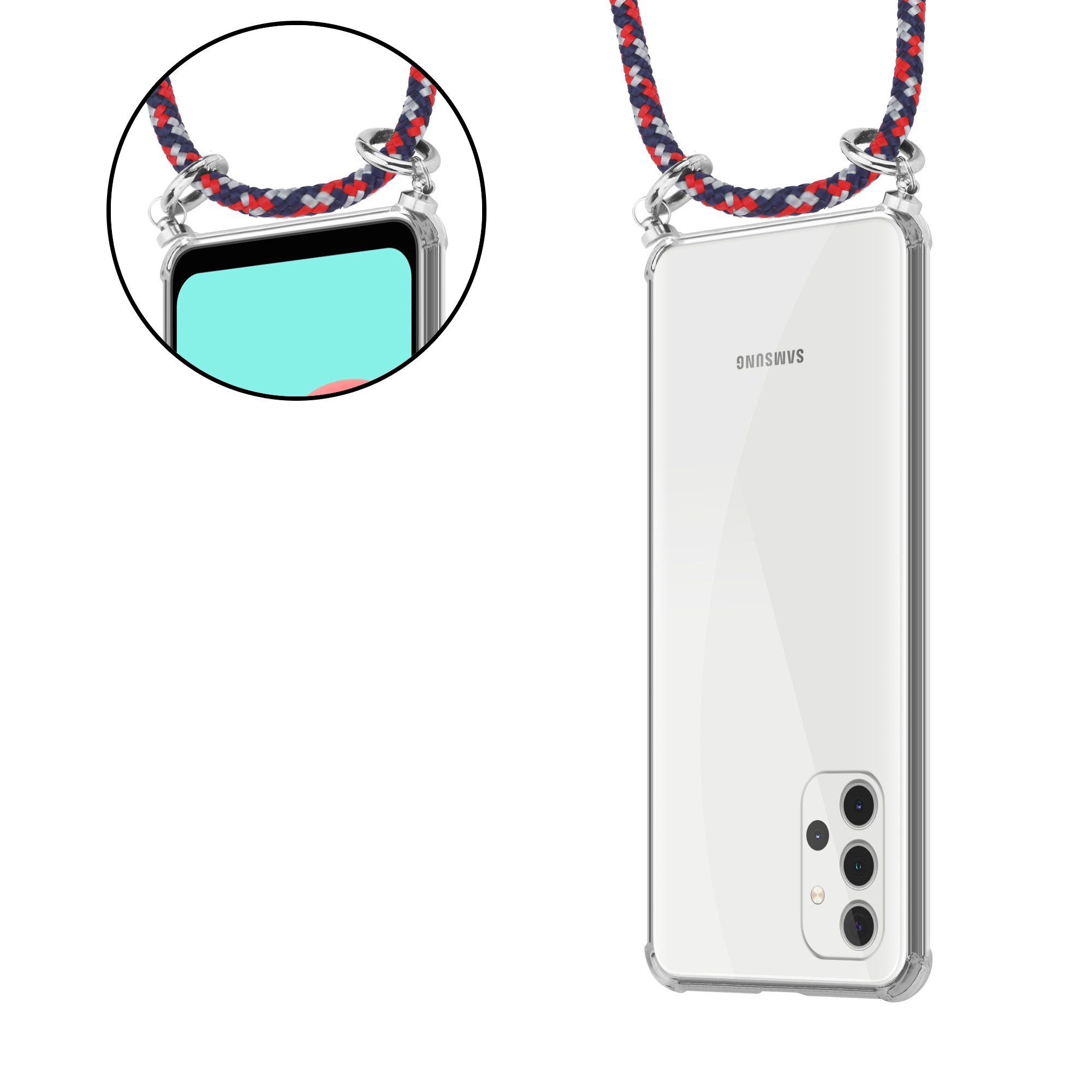 Ein Telefon mit einer transparenten Hülle und einem Schlüsselband. Das Schlüsselband ist rot und weiß.