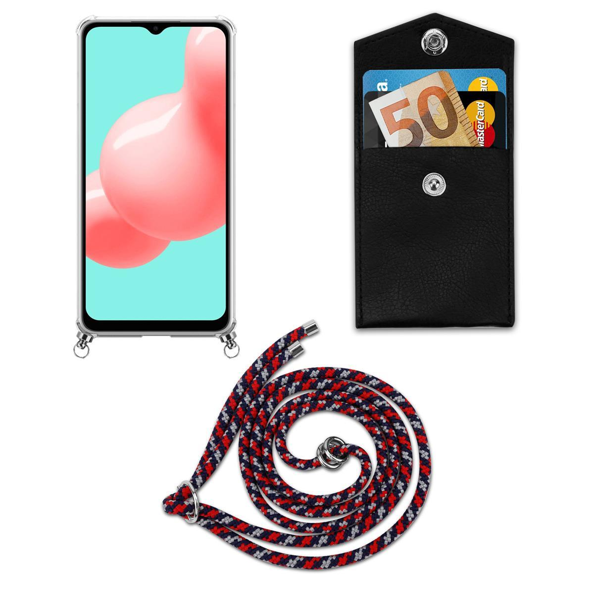 Telefon mit klarer Hülle, schwarzer Brieftasche mit Karten und 50-Euro-Schein und rotem Schlüsselband.