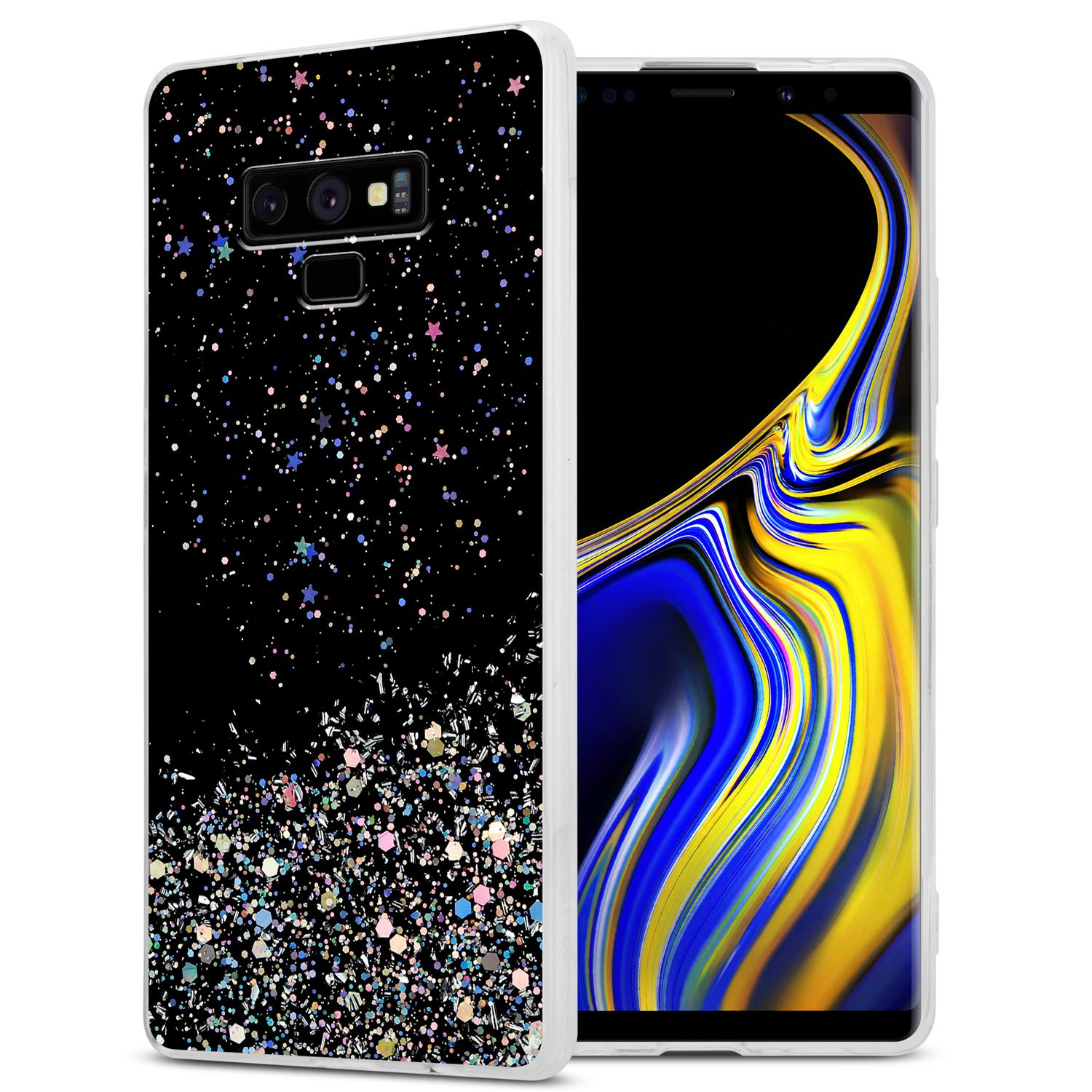 Schwarze Glitzerhülle auf dem Telefon. Der Bildschirm ist sichtbar. Der Hintergrund ist weiß.