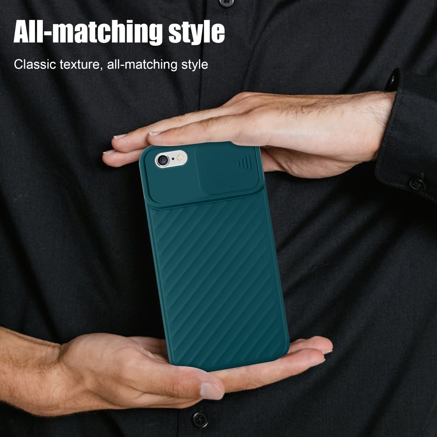 Person hält tealfarbene Handyhülle mit strukturiertem Design. Weißer Text sagt 'All-matching style'.