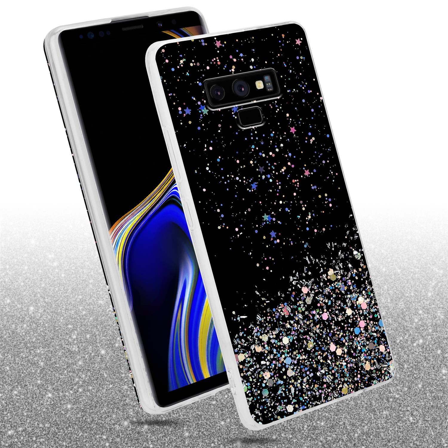 Handyhülle mit schwarzem Glitzerdesign. Ein Telefon mit schwarzem Bildschirm. Glitzer und Sterne auf schwarzem Grund.