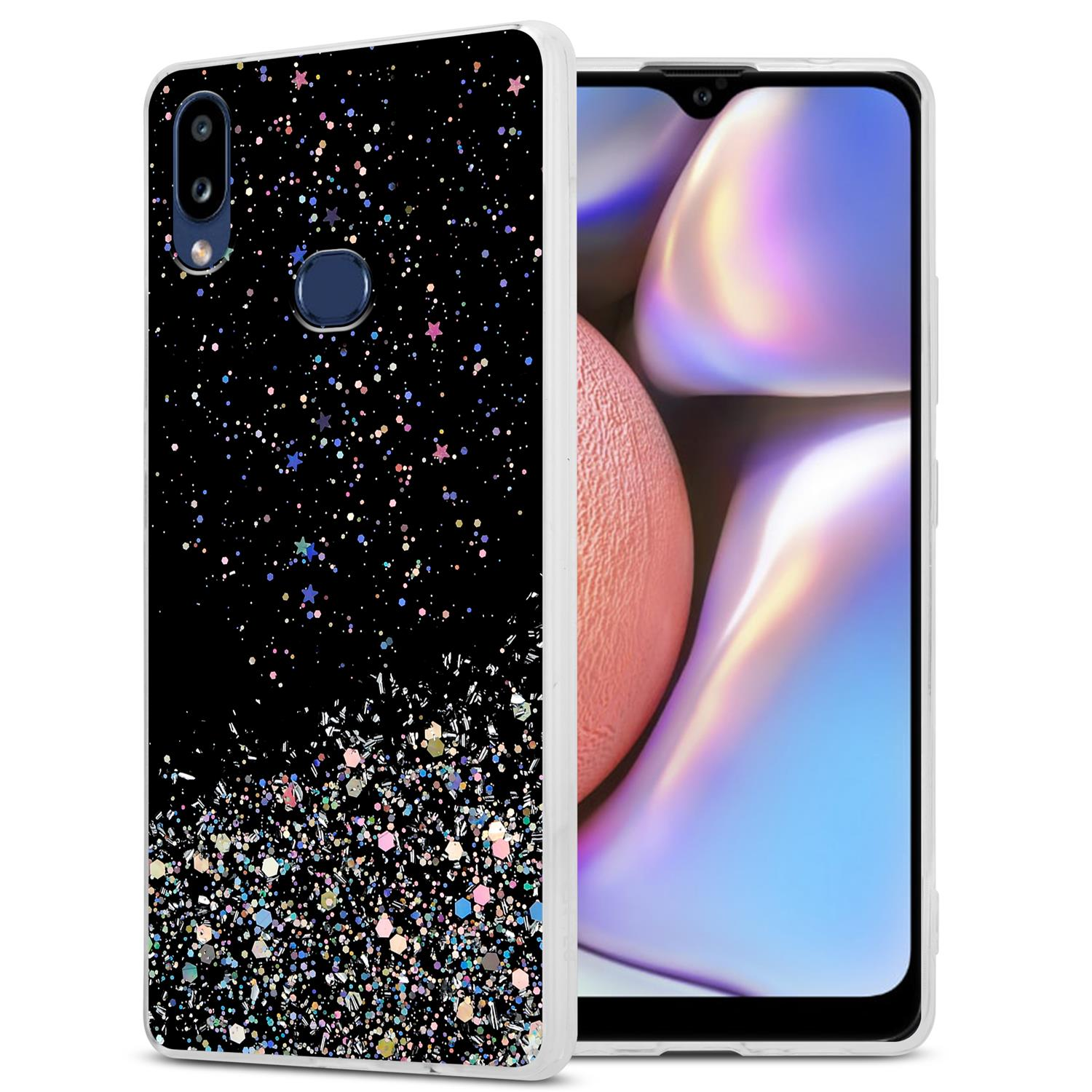 Handyhülle mit schwarzem Hintergrund. Es ist mit glitzernden Glitzer und Sternen bedeckt. Der Telefonbildschirm ist sichtbar.
