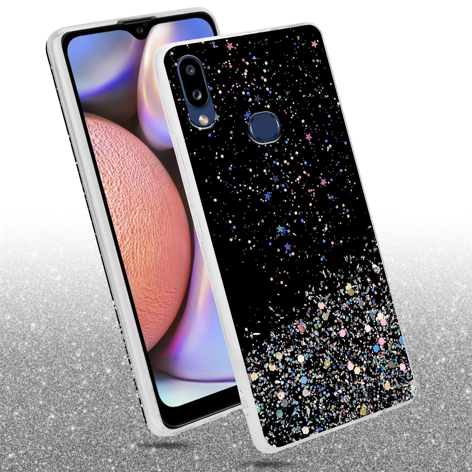 Schwarze Handyhülle mit Glitzer. Ein Telefon wird gezeigt. Die Hülle liegt auf glitzernder Oberfläche.