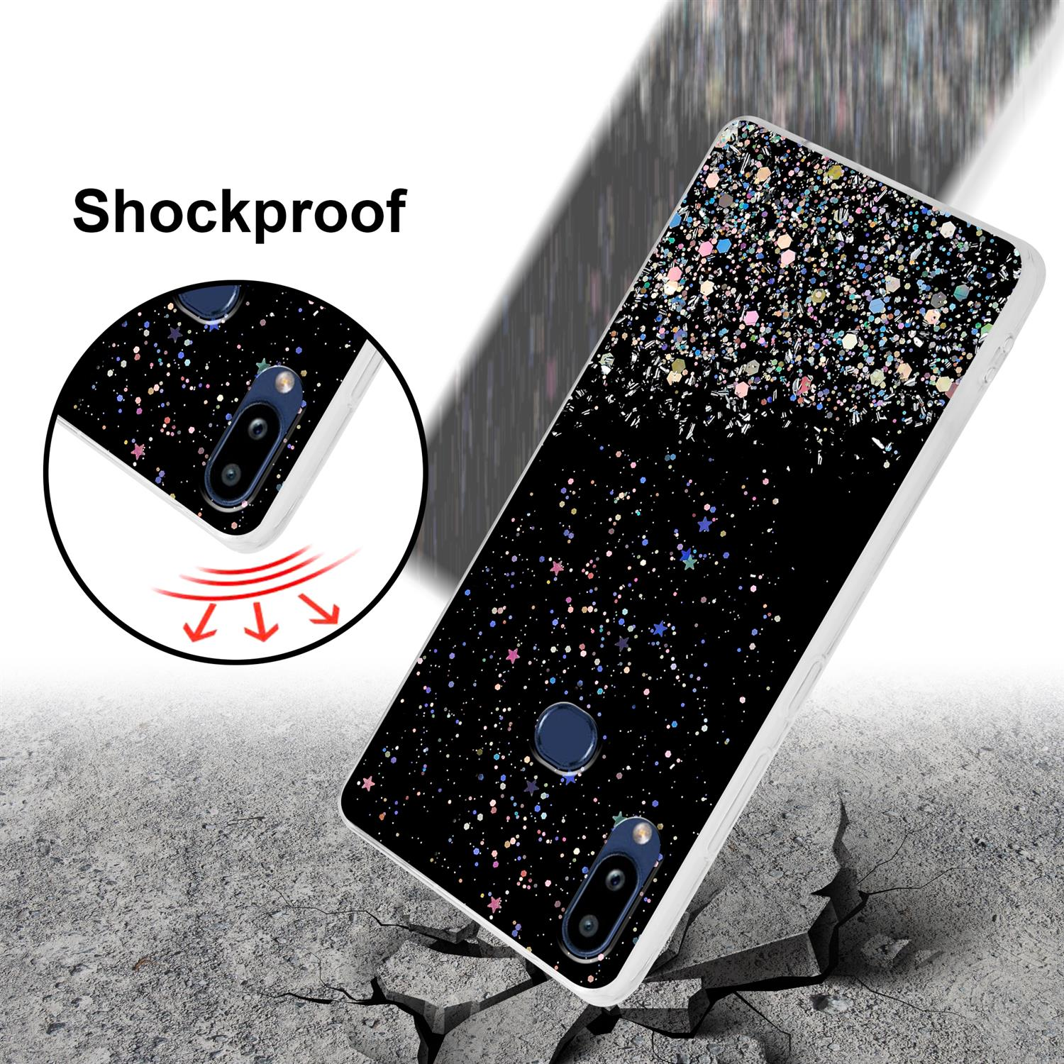 Schwarze Handyhülle mit Glitzer und Sternen auf einer rissigen Oberfläche. Text: 'Stoßfest'.