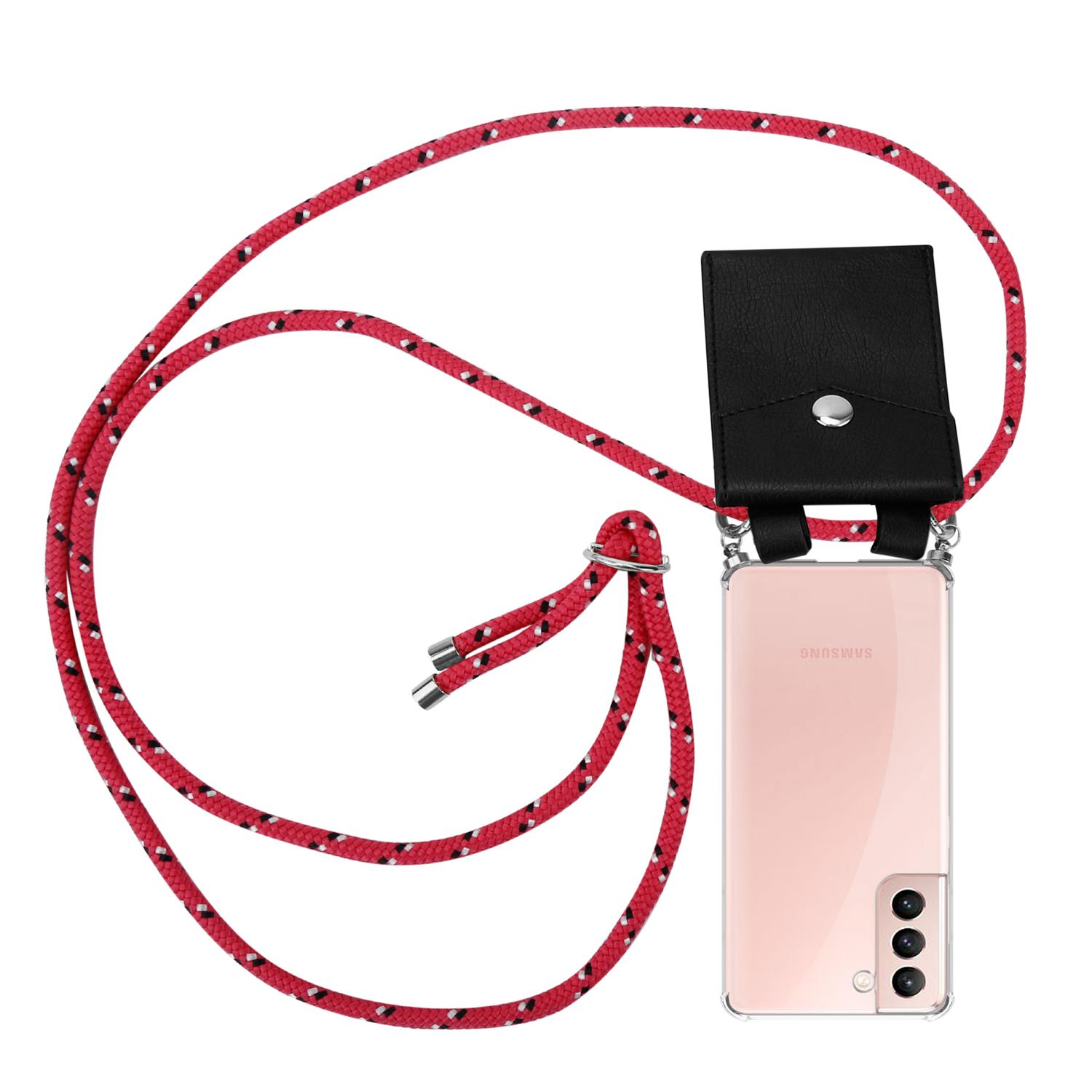 Ein Telefon mit schwarzer Hülle und roter Lanyard mit weißen Details, auf weißem Grund.
