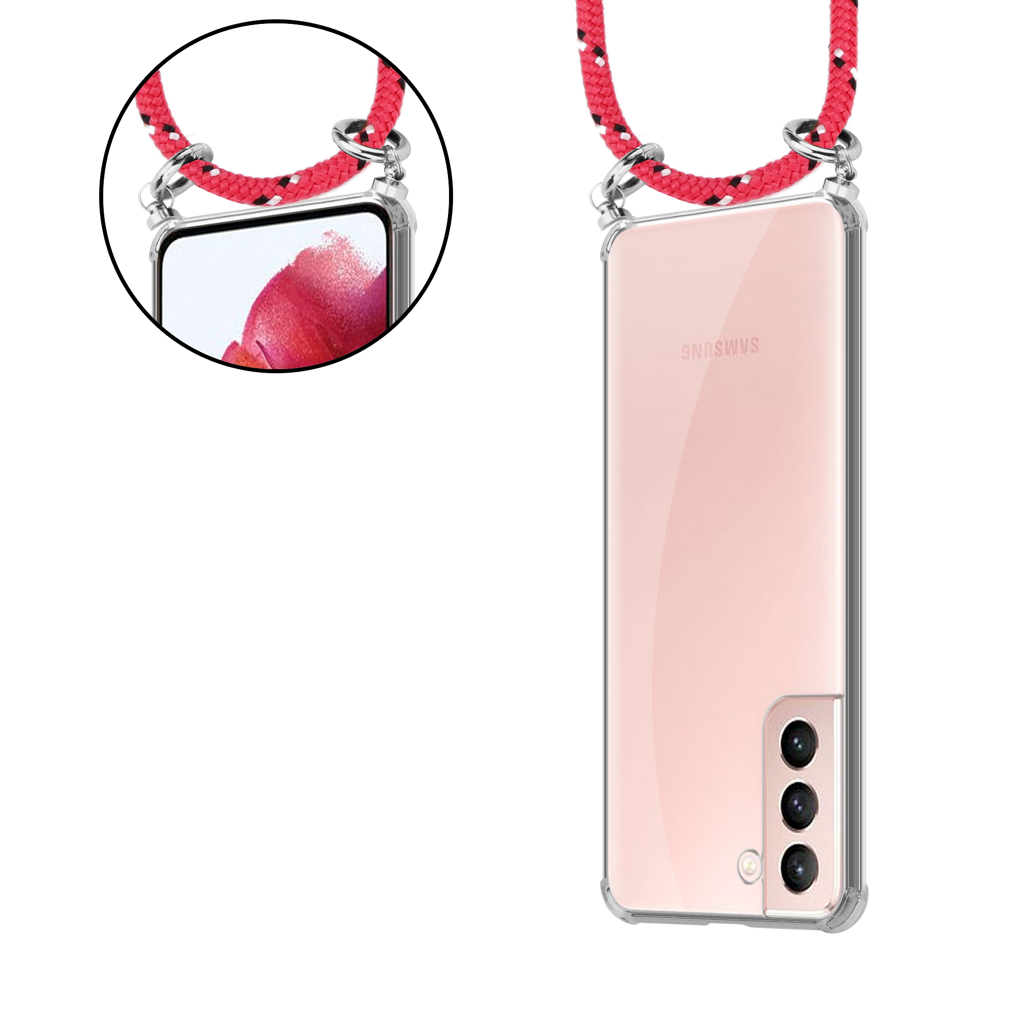 Handyhülle mit rotem und schwarzem Seil. Ein Telefon ist darin. Transparente Hülle, rosa Telefon.