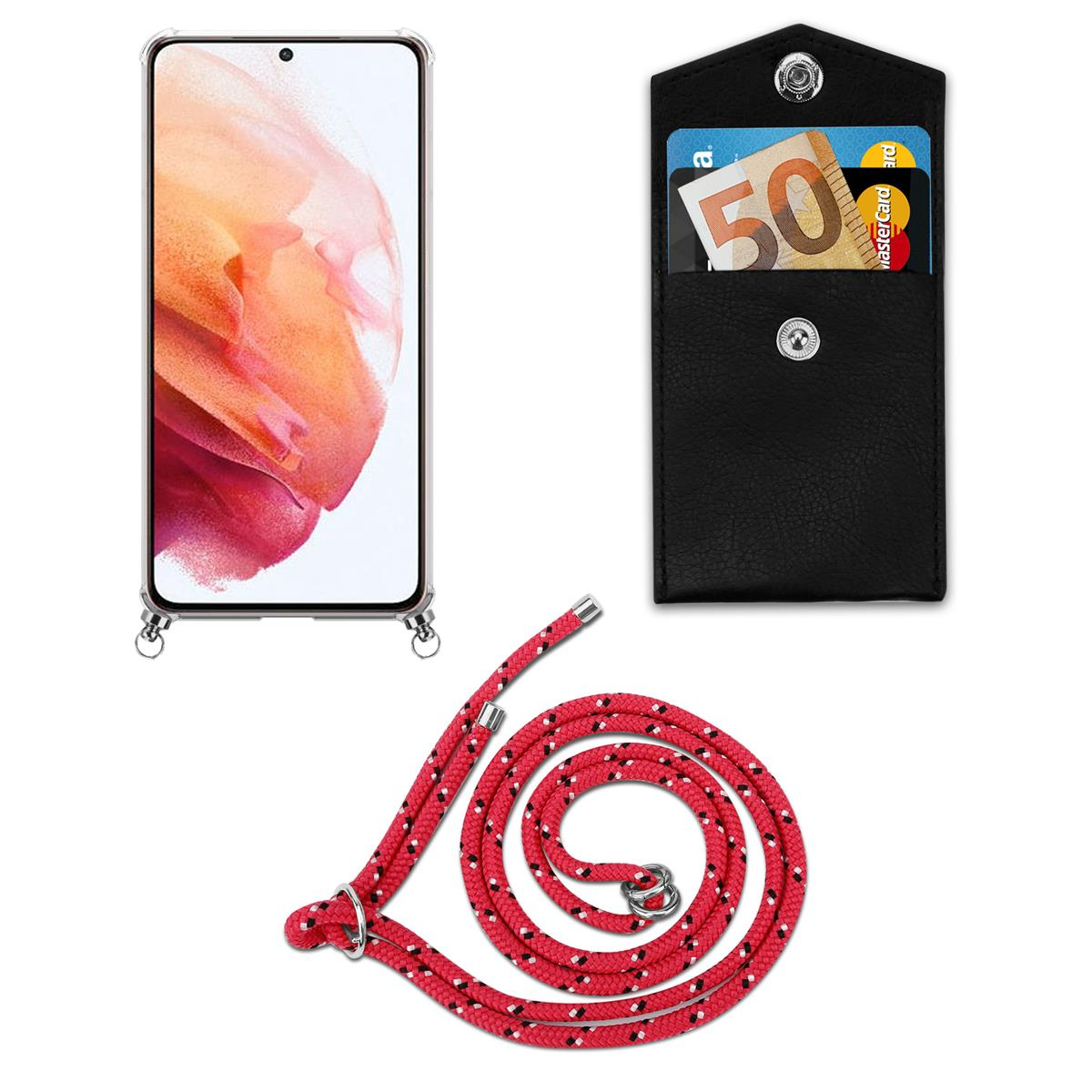 Telefon, schwarze Hülle mit Bargeld und Karten sowie ein roter Telefonriemen.