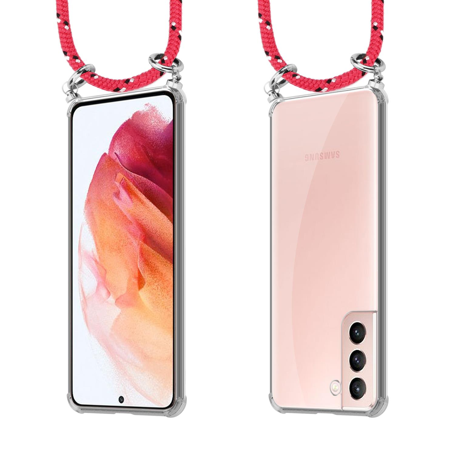 Zwei Telefone in transparenten Hüllen mit roten Lanyards. Eine Vorder- und Rückansicht.