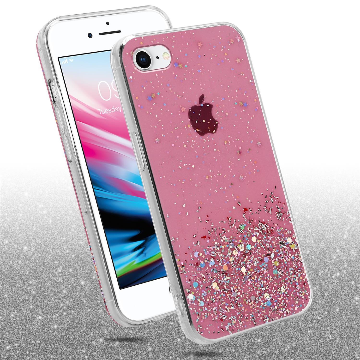 Rosa Glitzer-Handyhülle auf einem Telefon, mit einem Apple-Logo. Die Hülle ist transparent.