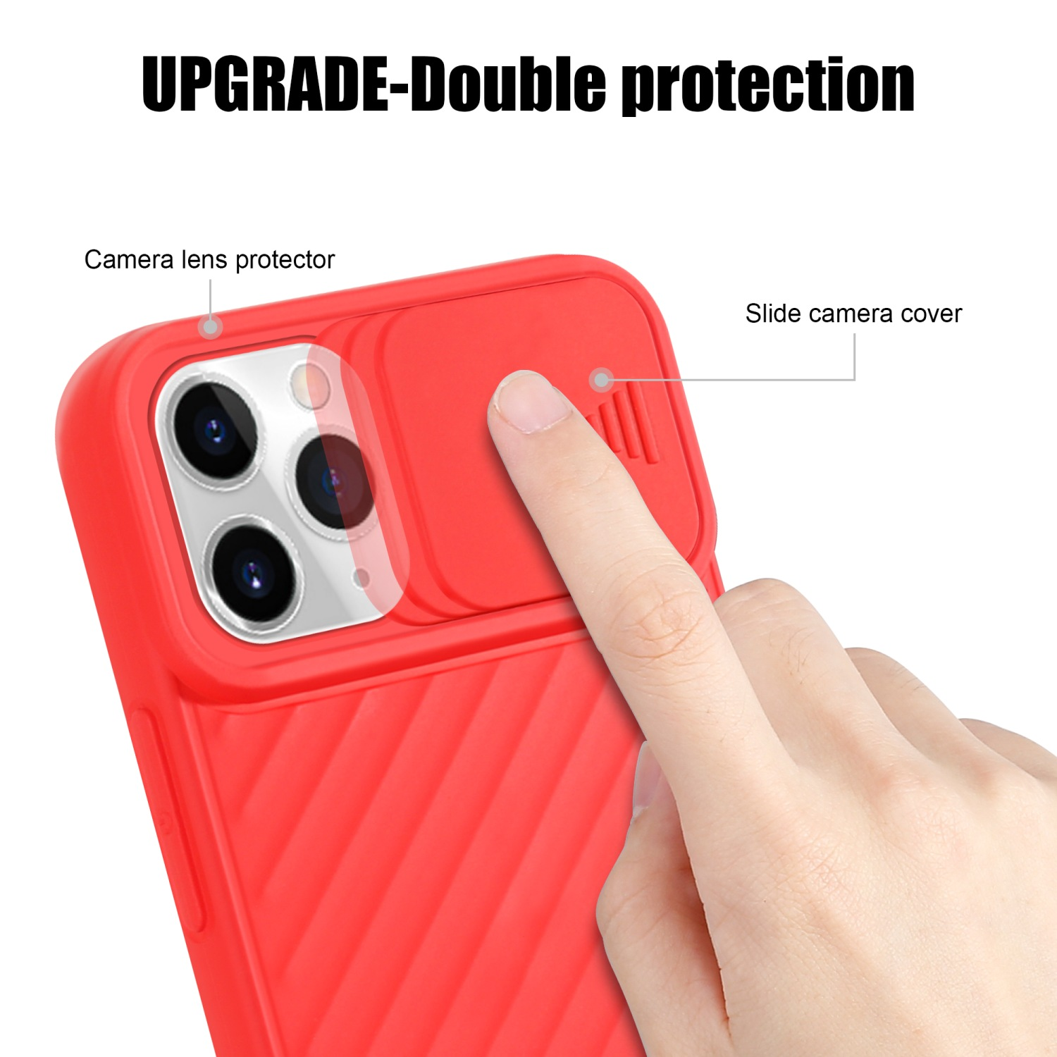 Rote Handyhülle mit Kameraabdeckung, Hand berührt die Abdeckung. Weißer Text: 'UPGRADE-Double protection'.