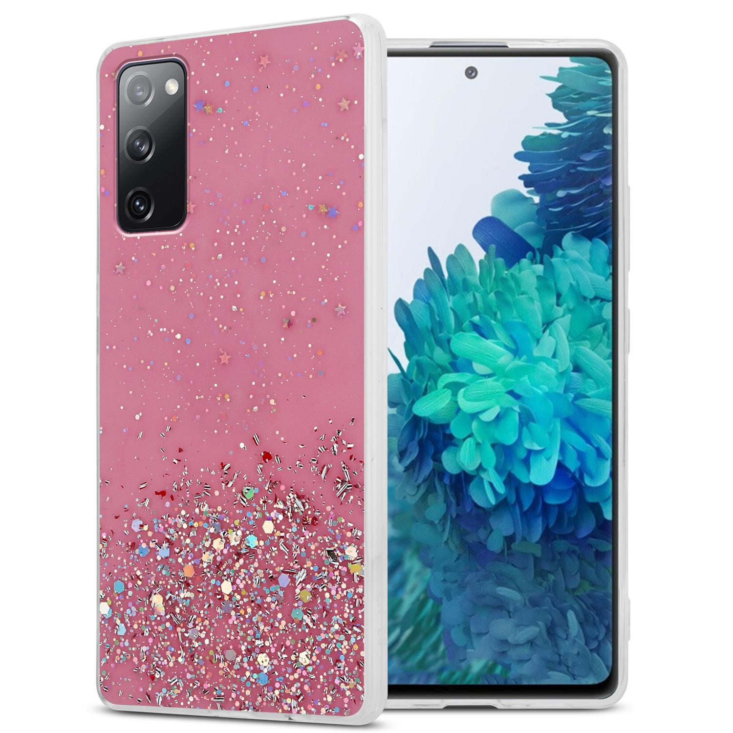 Rosa Handyhülle mit Glitzereffekt. Das Telefon ist klar. Der Bildschirm ist sichtbar.
