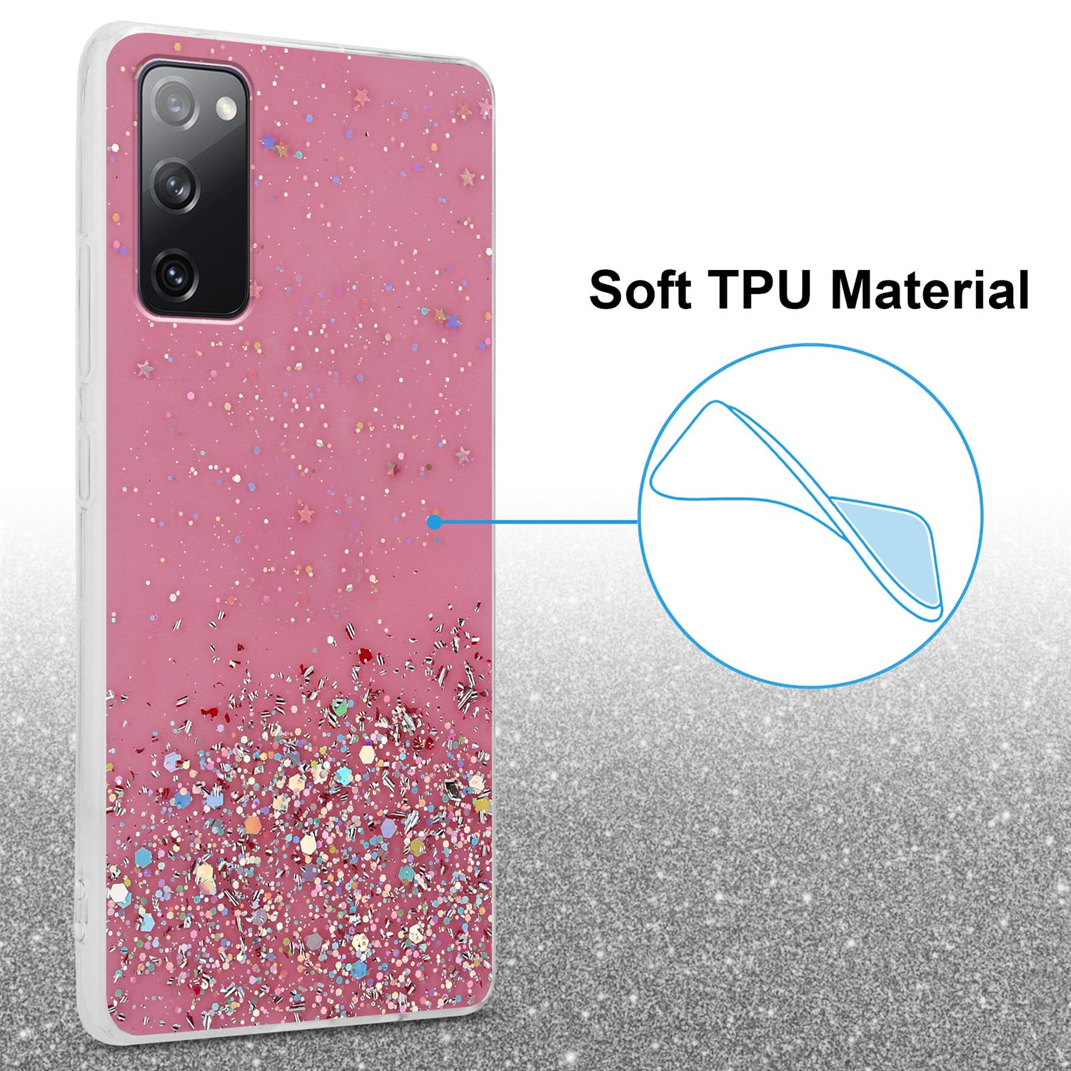 Rosa Handyhülle mit Glitzerdesign und weichem TPU-Material, schräge Ansicht.