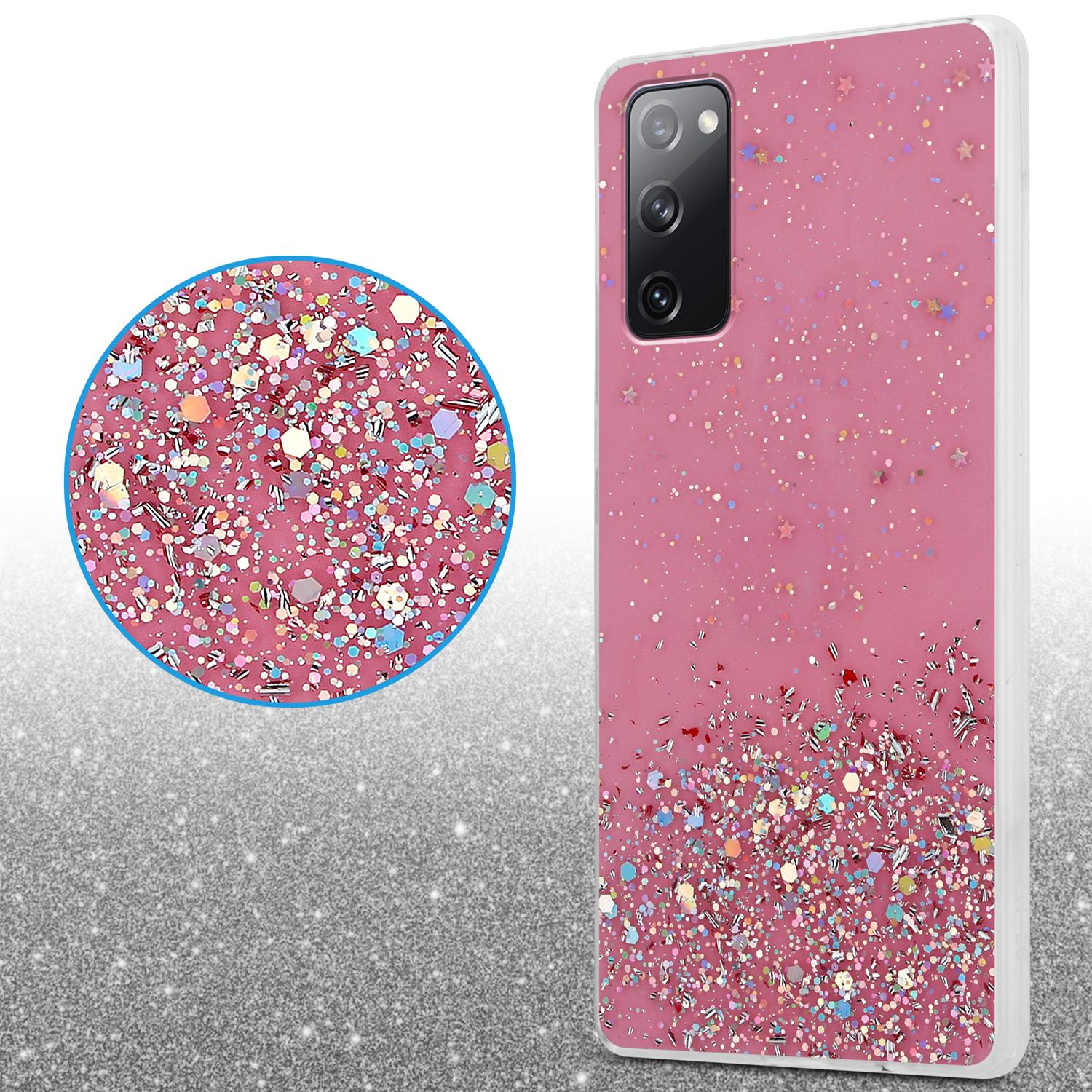 Handyhülle mit pinkem Glitzerdesign und Nahaufnahme des Glitzers.