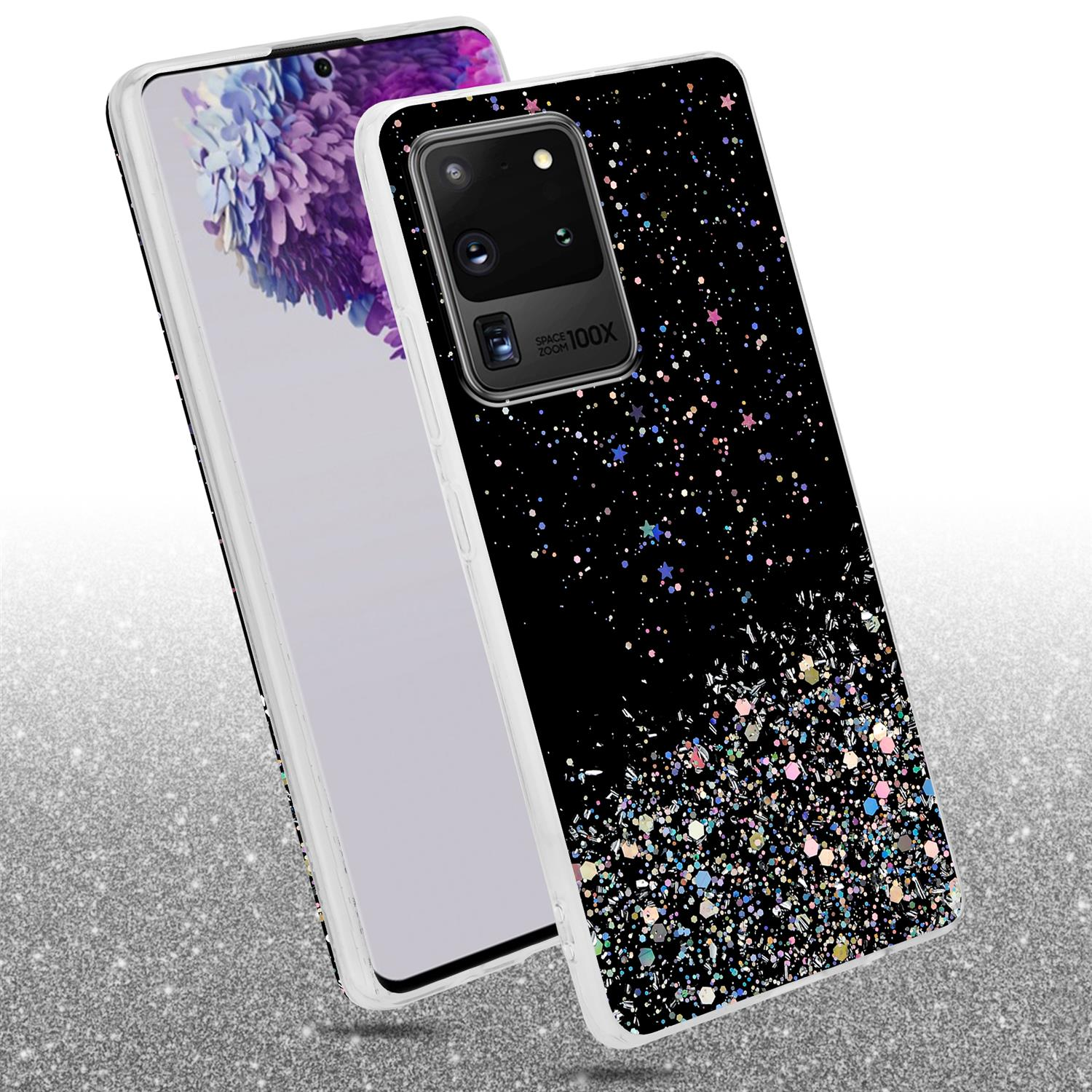 Custodia nera con telefono. La custodia ha glitter. Il telefono è bianco.