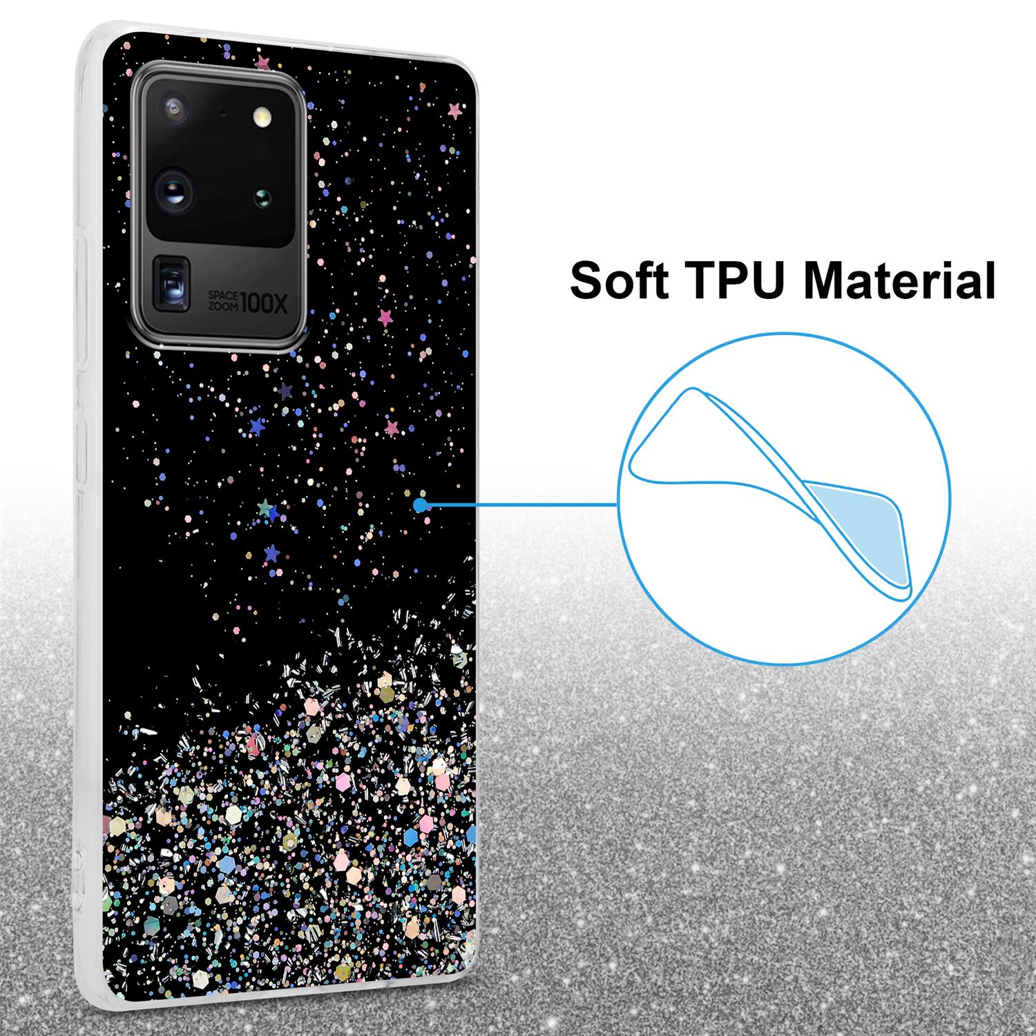 Una custodia per telefono con un design glitterato. La custodia è nera con brillantini colorati.