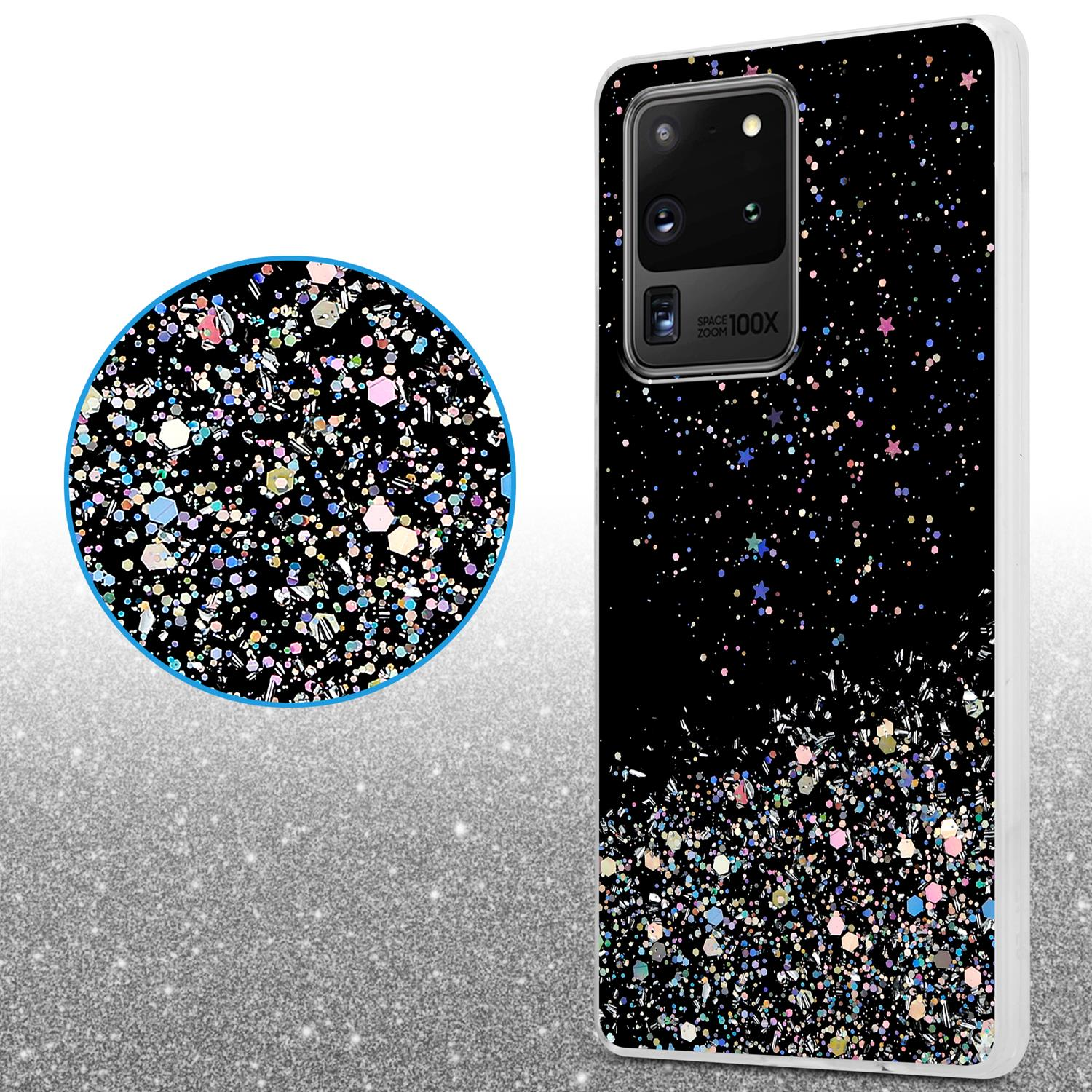 Custodia nera con glitter colorati, accanto a un primo piano dei glitter.