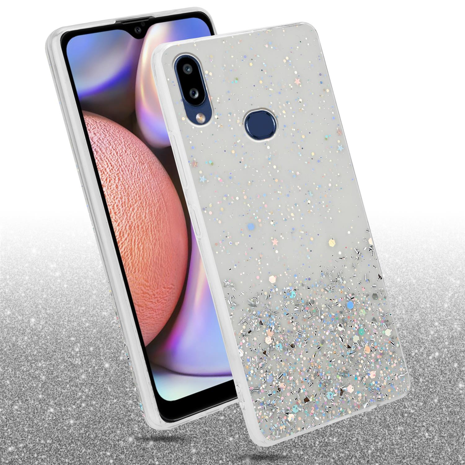 Telefon in einer Glitzerhülle. Telefon und Hülle sind leicht angewinkelt. Glitzerhintergrund.