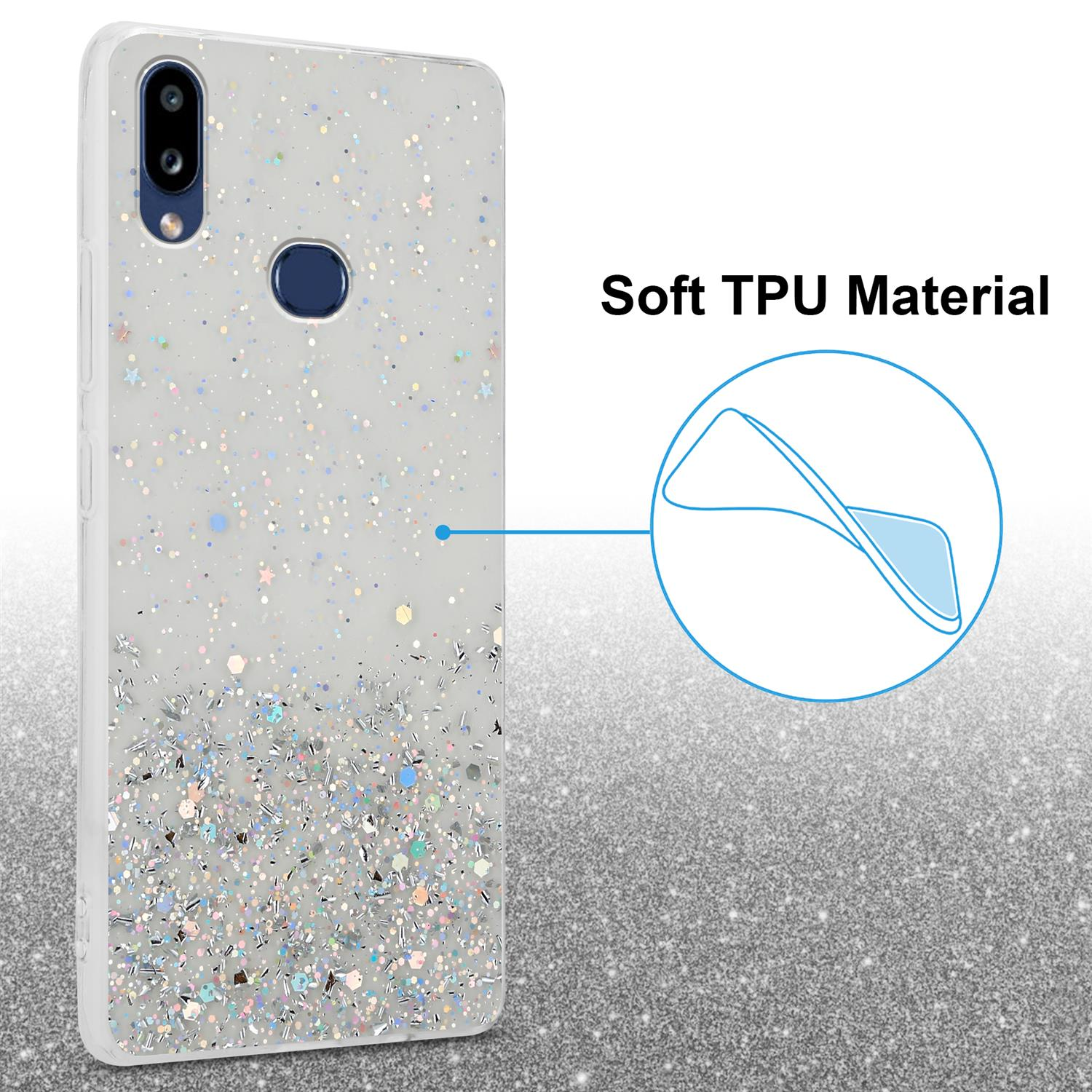 Handyhülle mit Glitzer auf glitzernder Oberfläche. Text: 'Weiches TPU-Material'.
