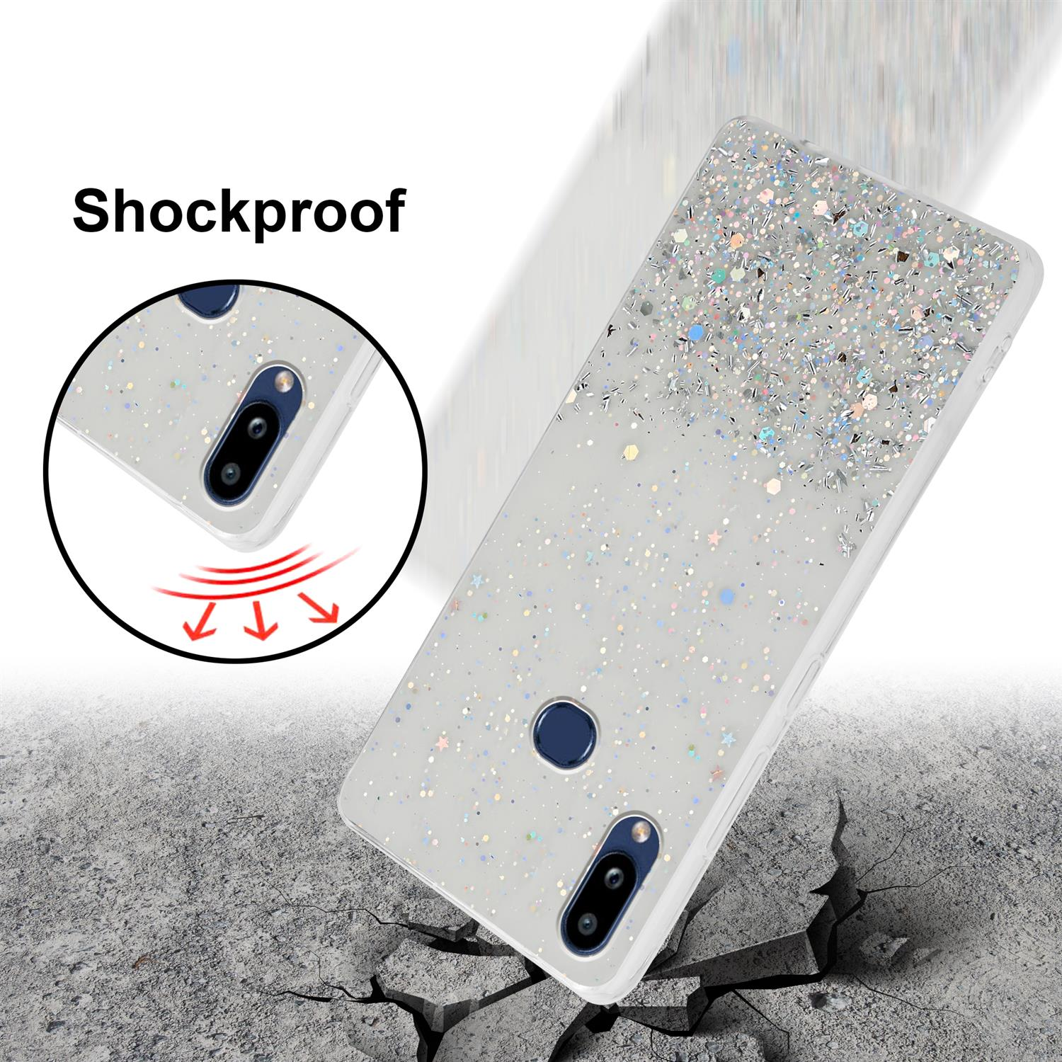 Weißes Glitzer-Handycase auf rissiger Oberfläche. Kreisausschnitt zeigt Glitzerdetails. Pfeile zeigen Risse.
